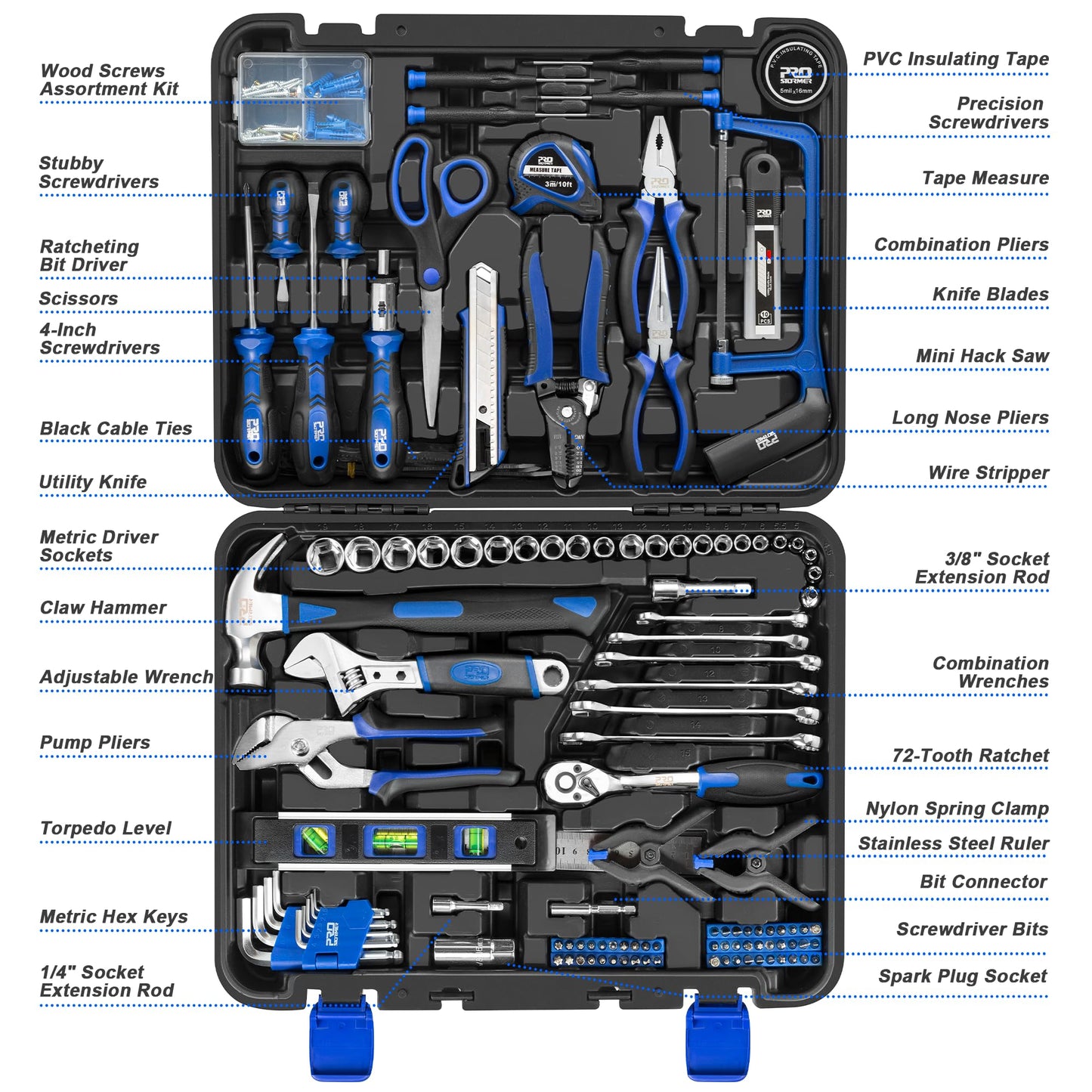 Prostormer 259-Piece Tool Kit, General Household Hand Tool Set with Plastic Storage Toolbox, Portable Complete Repair Tool Box for Home and Car (Blue)