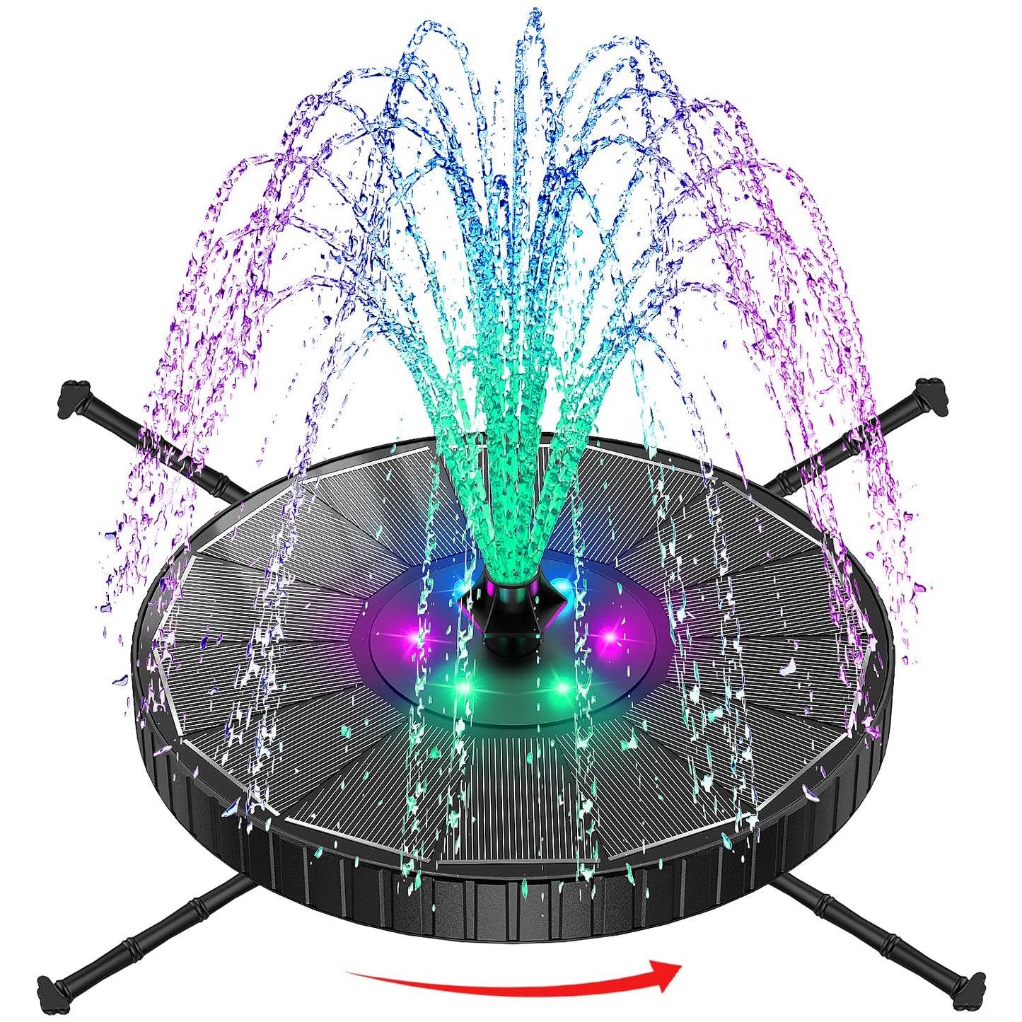 SZMP 3.5W Glass Solar Fountain with Swivel-Out Fixed Rods, Solar Bird Bath Fountains with LED Lights and 2000mAh Battery, 7 Nozzles, Outdoor Solar Water Fountain Pump for Garden, Pool, Pond (Black)