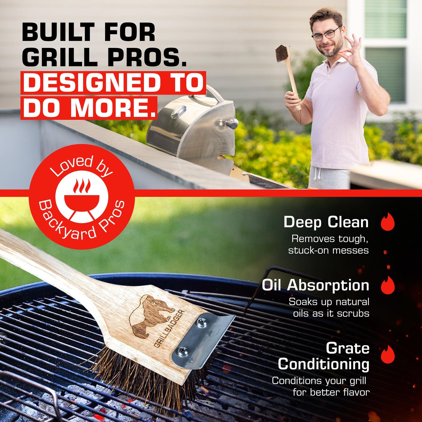 Grillbadger The Original Non Metal Grill Brush for Outdoor Grill | High Temp Heat Resistant BBQ Cleaning Brush | Long Lasting Wooden BBQ Cleaner with Scraper, Safe for Cast Iron Grates - Natural Wood