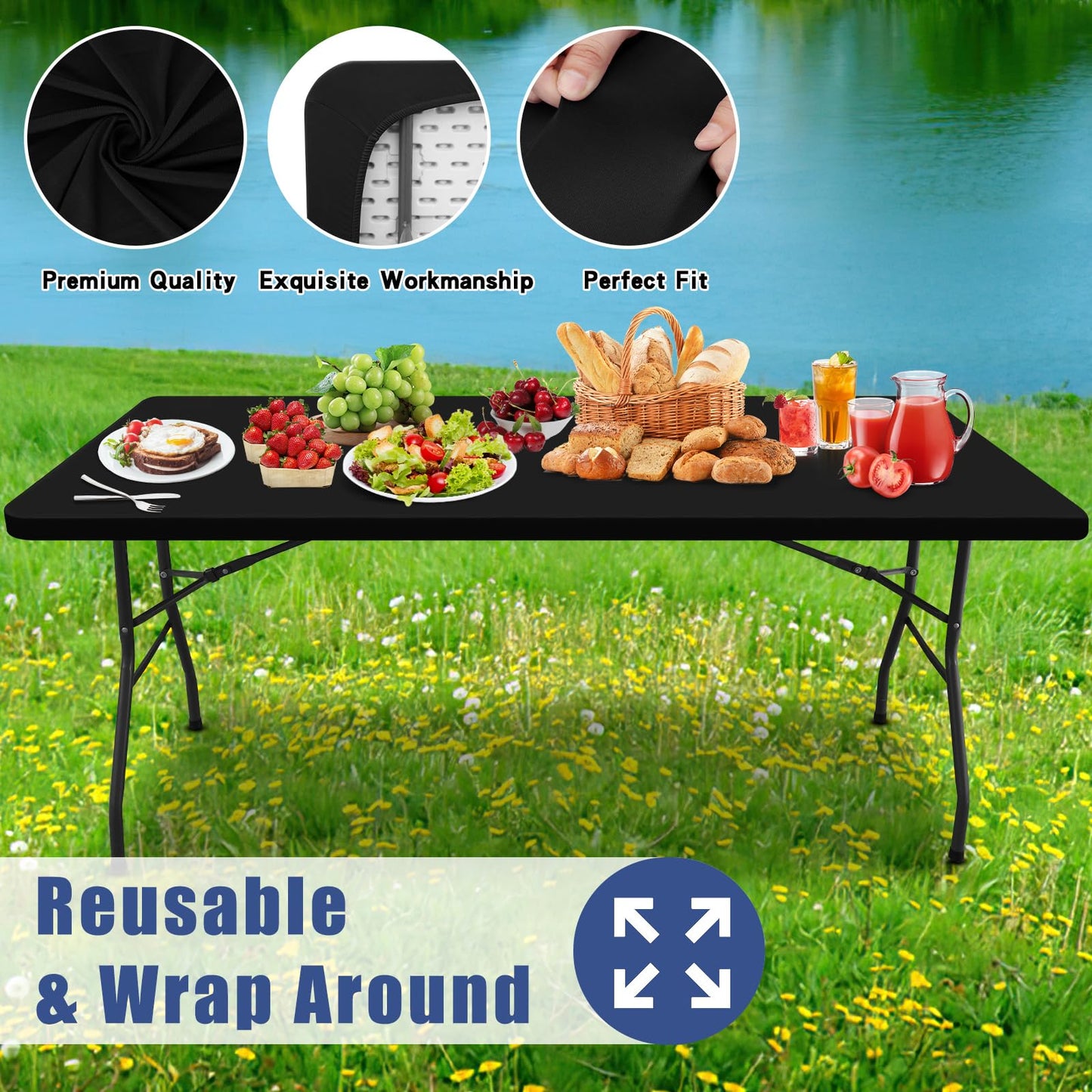 Moosfor Spandex 6 Foot Rectangle Table Cloth 2 Pack, Elastic Fitted Tablecloths for Picnic, Stretch Washable Patio Table Cover for Outdoor, Camping, Banquet and Parties (Black, 30"x72")