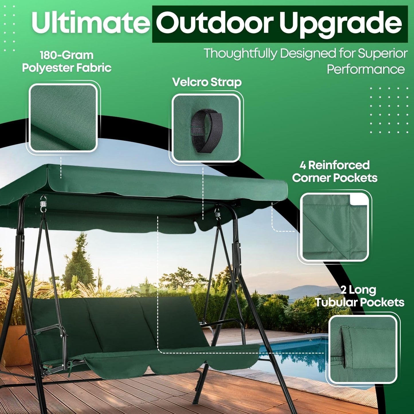 Flexzion Replacement Canopy for Outdoor Swing - 66" X 45" 2 Seat Bench Glider Swings Shade Fabric UV Weather Waterproof for Outdoor Garden Patio Yard Park Porch Seat Furniture, Green