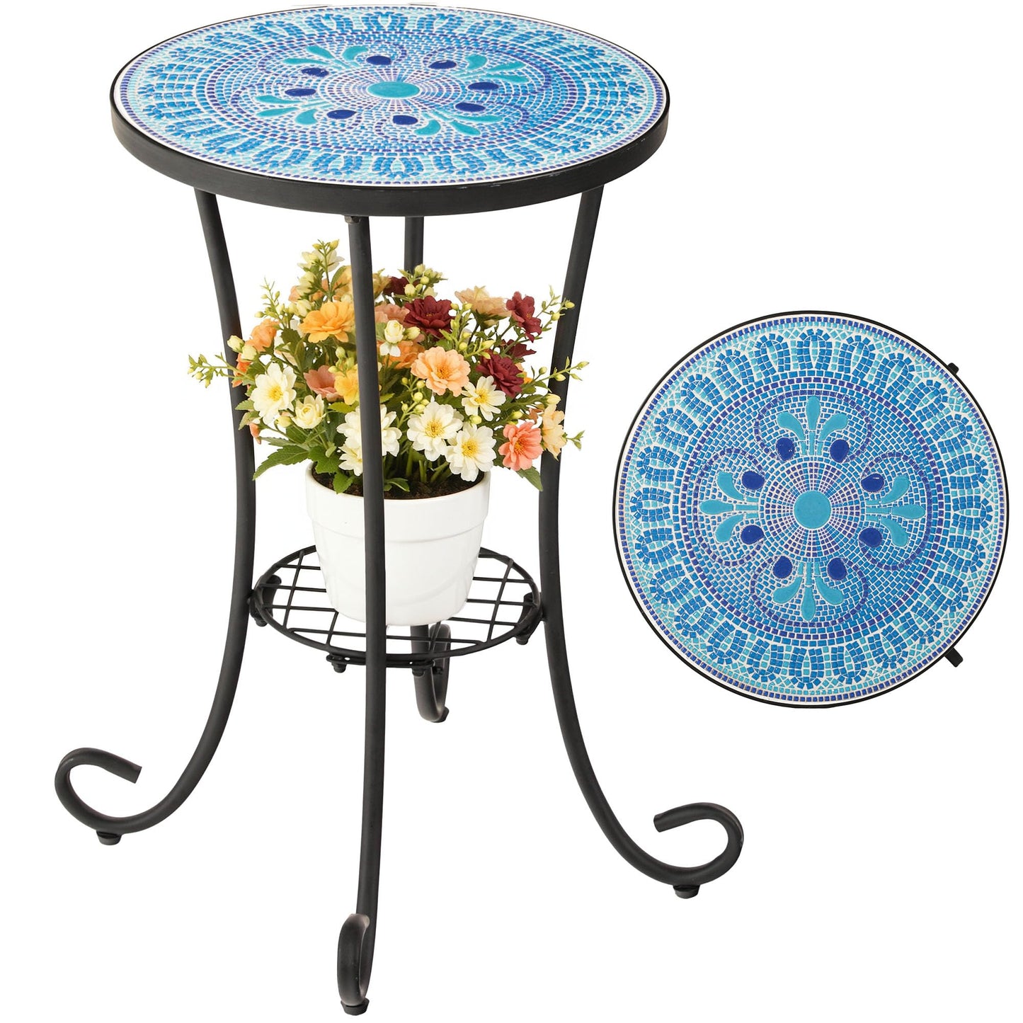 Ultym Side Table Outdoor, Mosaic Patio Table with Planter Stand, 22" H Iron Coffee End Table,Weather Resistant Tile Top Metal Drink Bar Table for Indoor Garden Balcony Yard Bistro Balcony