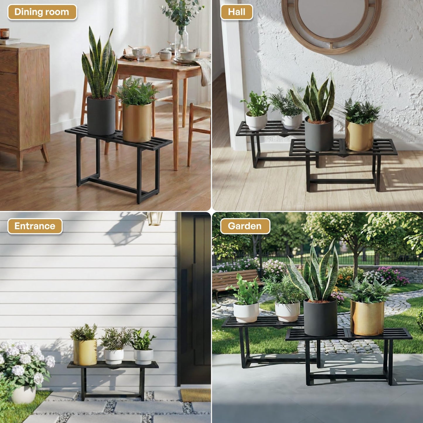 Rioneta 2-Pack Elegant Mid-Century Modern Metal Tiered Plant Stand Robust 330 lbs Capacity Versatile Indoor Outdoor Display for Living Room, Patio & Balcony Black