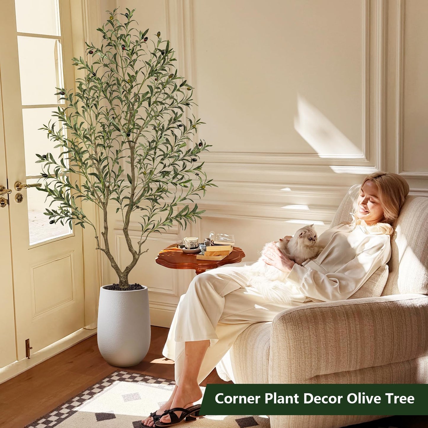Olive Trees Artificial Indoor 6FT Tall, Faux Olive Tree with Black Basic Planter, Lifelike Fake Olive Plant Decorative, Silk Leaves and Premium Plastic Trunk for Home Living Room Office Decor