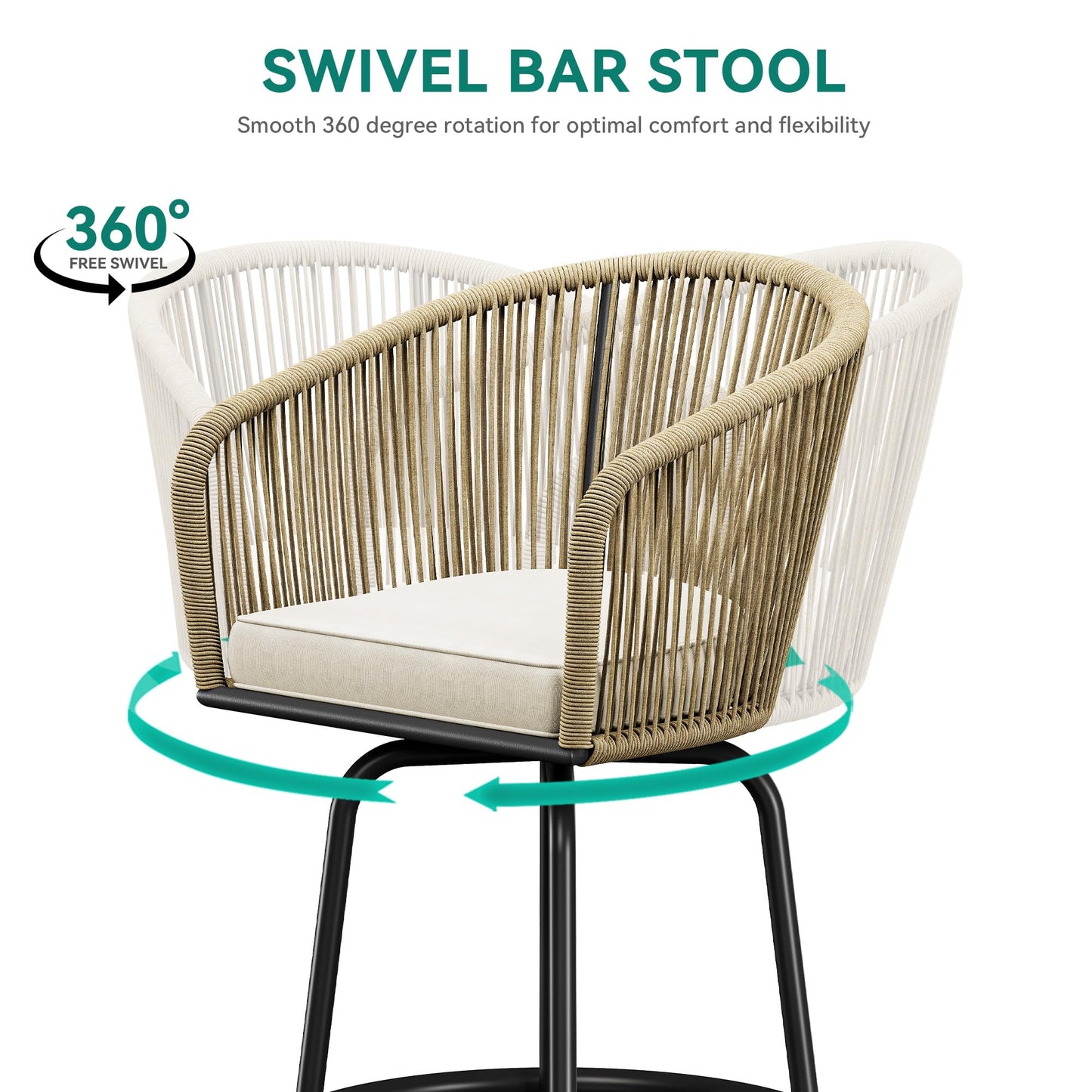 YITAHOME Counter Height Bar Stools Set of 4, Outdoor Bar Stools with Soft Cushions, Patio Rattan Swivel Bar Chairs for Backyard Poolside, Garden w /360 Rotation (Beige)