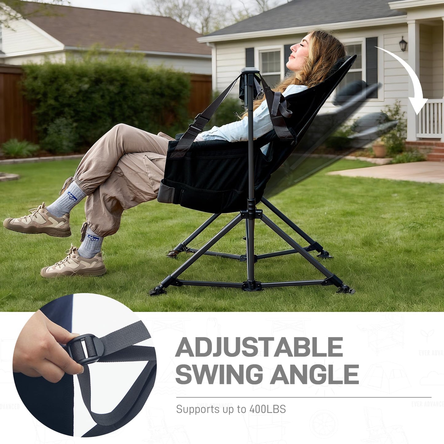 EVER ADVANCED Padded Oversized Hammock Camping Chair, Compact Heavy Duty Swing Chair with Multi-Storage Pockets, Portable Folding Rocking Camping Chair, Support Up to 400lbs, Black