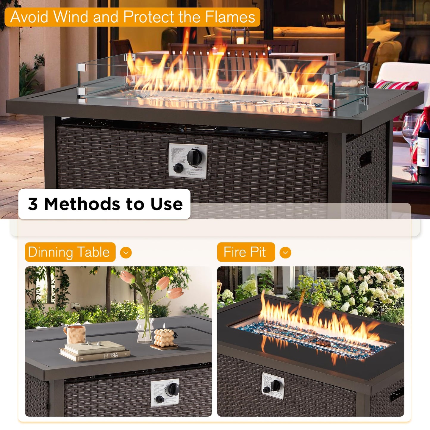 HOMREST 44in Outdoor Propane Gas Fire Pit Table, 50,000 BTU Auto-Ignition Gas Firepit, Black Tempered Glass Tabletop & Blue Glass Rock, Brown PE Rattan, CSA Certification