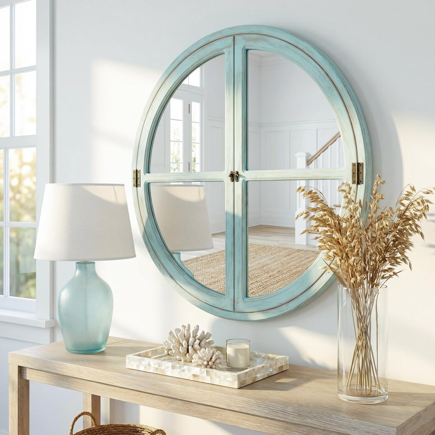 Pocetry 30" Round Window Mirror, Solid Wood Faux Windowpanes Wall Decor with Shatterproof Glass, Distressed Teal Coastal Farmhouse Accent Mirror for Entryway, Living Room, or Dining Room