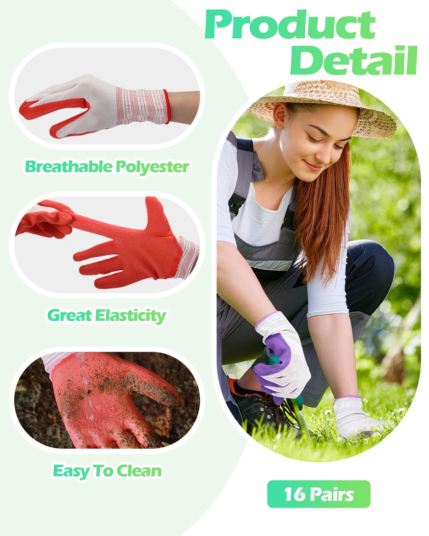 Irenare 16 Pairs Gardening Gloves Bulk for Women Breathable Rubber Coated Yard Garden Gloves Outdoor Protective with Grip(Multicolor)