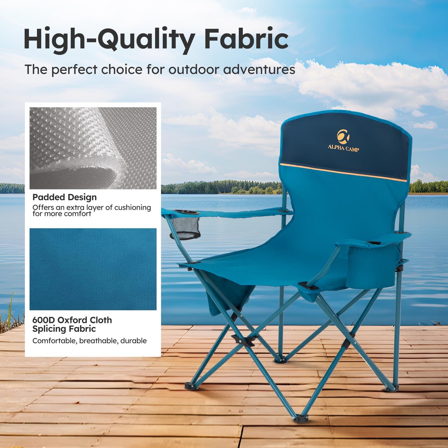 LET'S CAMP Camping Chair 2 Pack Folding Chair with 4-Can Cooler Bag Portable Lawn Chair with Cup Holder,Storage Pocket, Supports 350LBS, Collapsible Chair for Camp, Beach, Picnic (Blue)