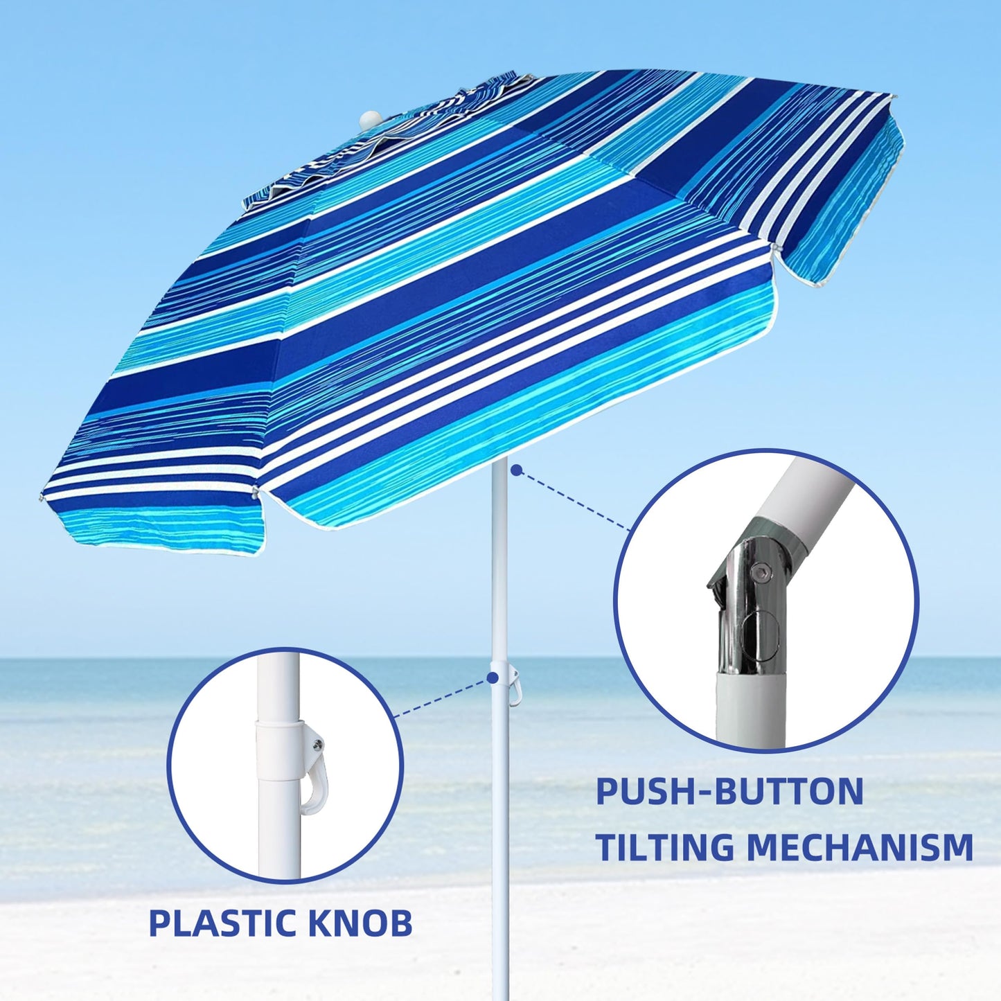 AMMSUN 6.5 ft Heavy Duty Beach Umbrella for Sand with tilt Air Vent Sun Shelter, UV 50+ Protection Outdoor Sunshade Umbrellas and Parasols with Carry Bag for Patio Garden Beach Pool stripe Blue