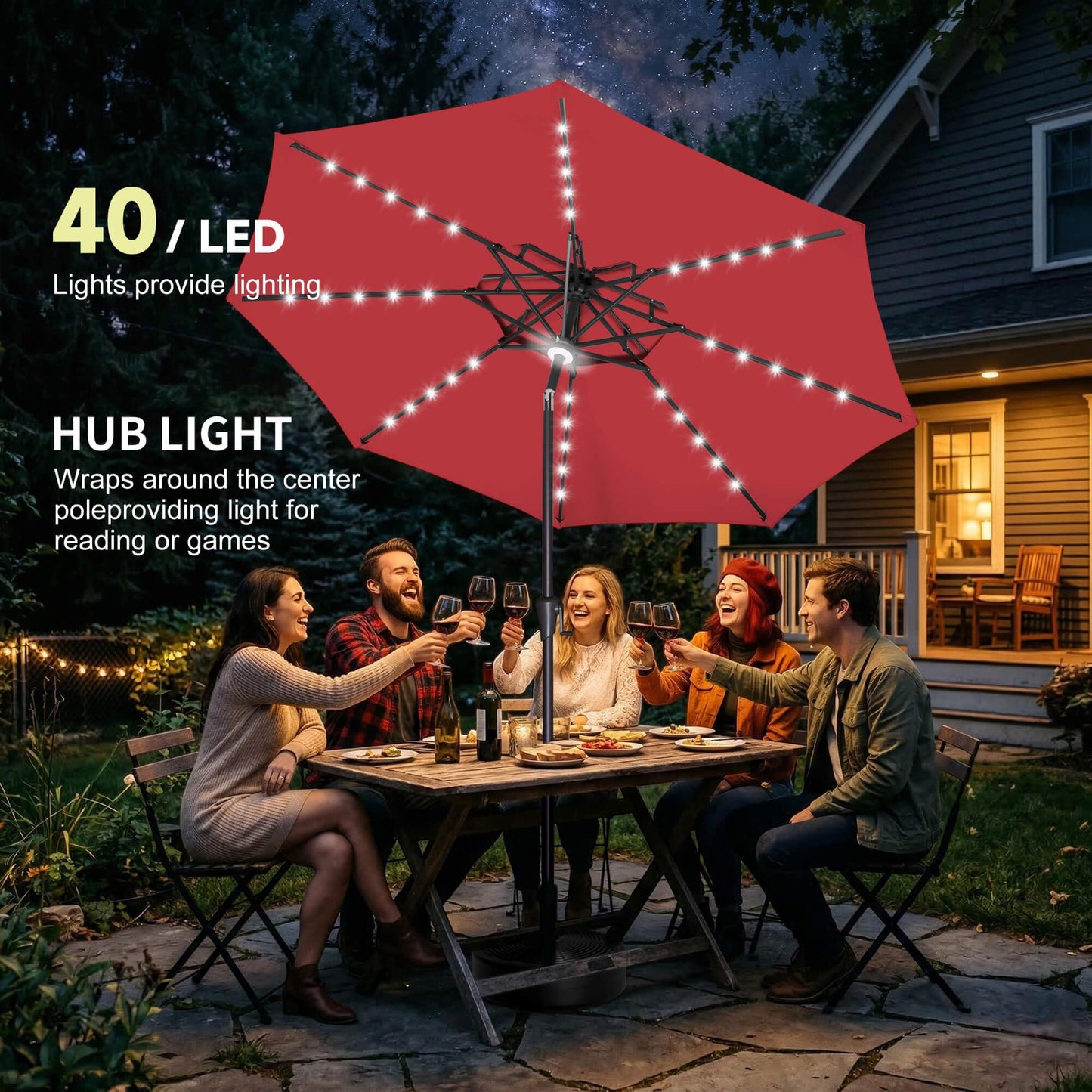 AckMizz 9ft Solar Umbrella Outdoor - 2 Tiers Lighted Solar Patio Umbrella with 40 LED Lights Waterprool UV Protection, Table Umbrella with Tilt for Pool, Porch, Garden, Backyard (Red)