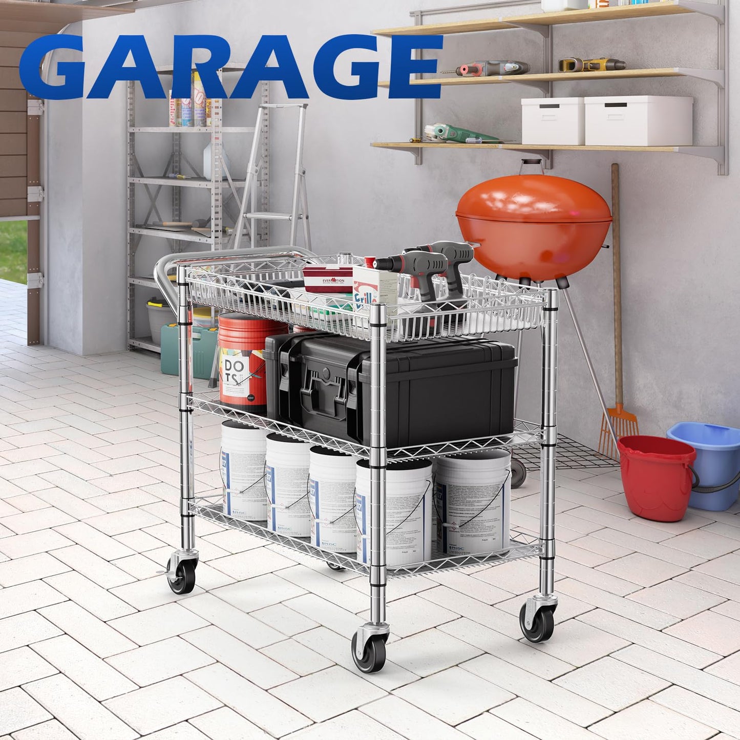 NTE Utility Cart with Wheels, 990lbs Capacity Metal 3 Tier Rolling Carts, NSF Kitchen Carts On Wheels with Storage, Heavy Duty Utility Cart with Handle & Wire Shelf for Indoor & Outdoor Use, Silver