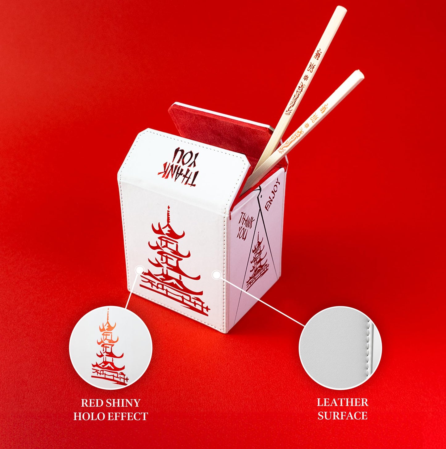 SleeveChief - China To Go! Trading Card Deck Box | vegan leather & Holo Design | MTG commander deck box & for ALL other trading card games | fits 100 double Sleeved Cards - for TCG Enthusiasts