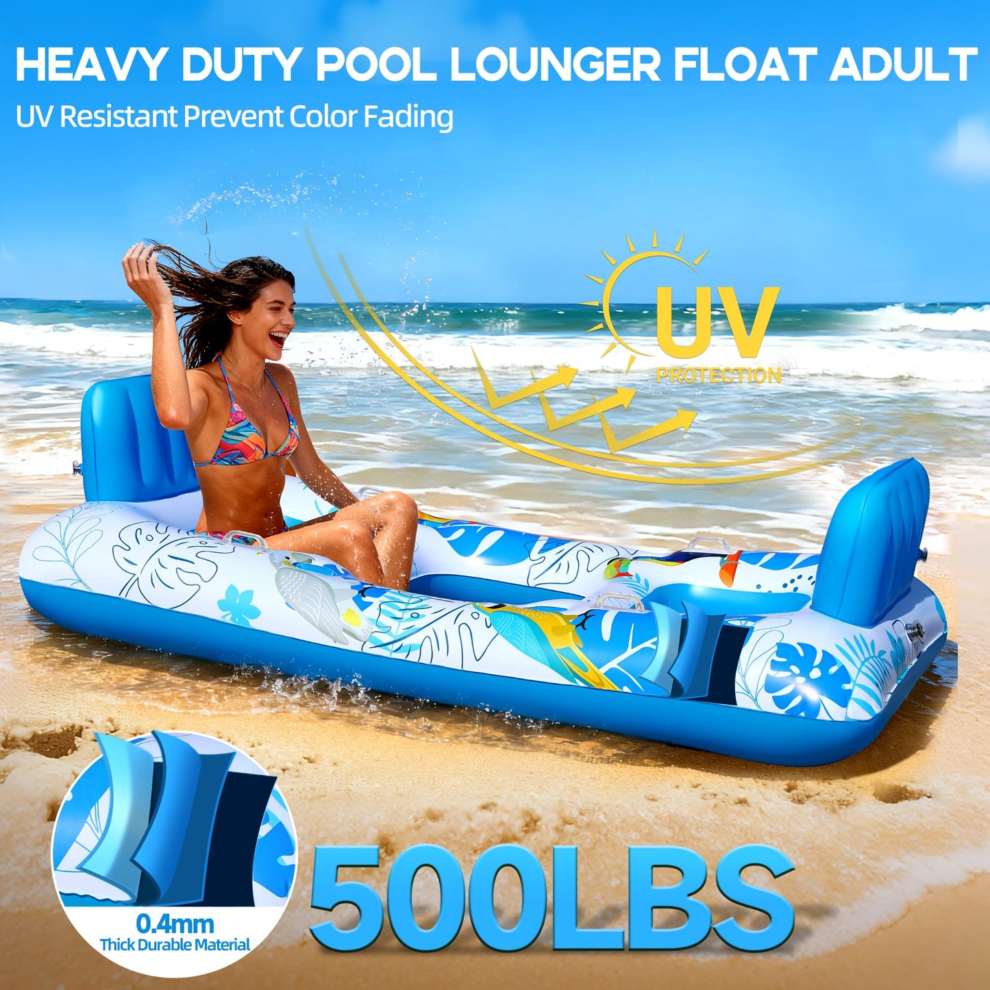 FluSing 2 Person Inflatable Pool Float Adult,87” x 44” Extra Large Inflatable Tanning Pool Lounger Float with Cup & Phone Holders,Pool Float Chair Heavy Duty,Sunbathing Pool Lounger Raft Pool Floaties