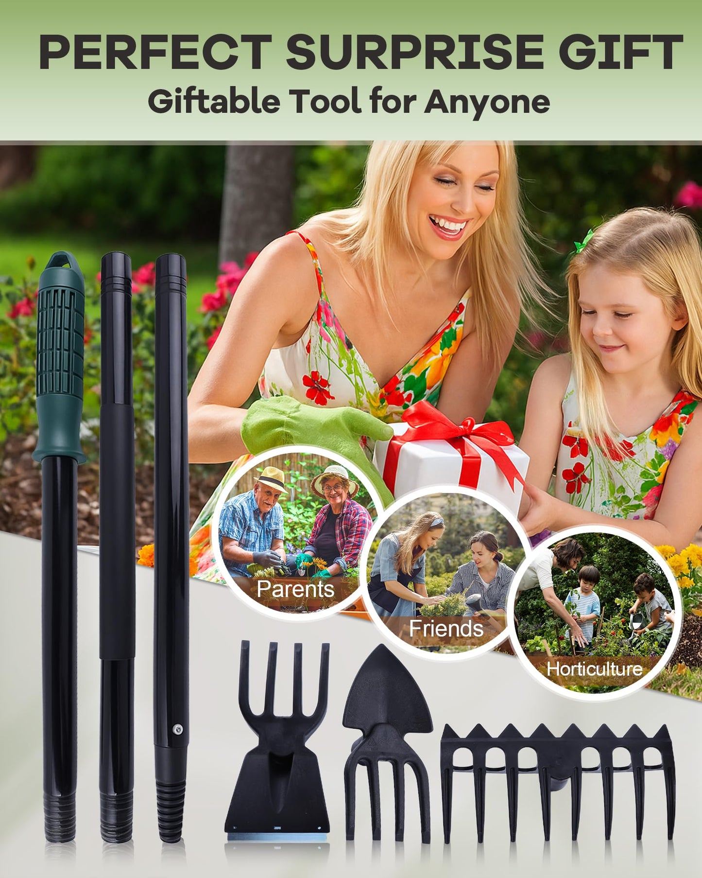HIPULX 5-in-1 Garden Hoe - Adjustable 37" to 50" Handle, 5 Tool Heads, Heavy-Duty Weeding, Cultivating, and Raking Tool for Gardening, Camping, and Outdoor Use