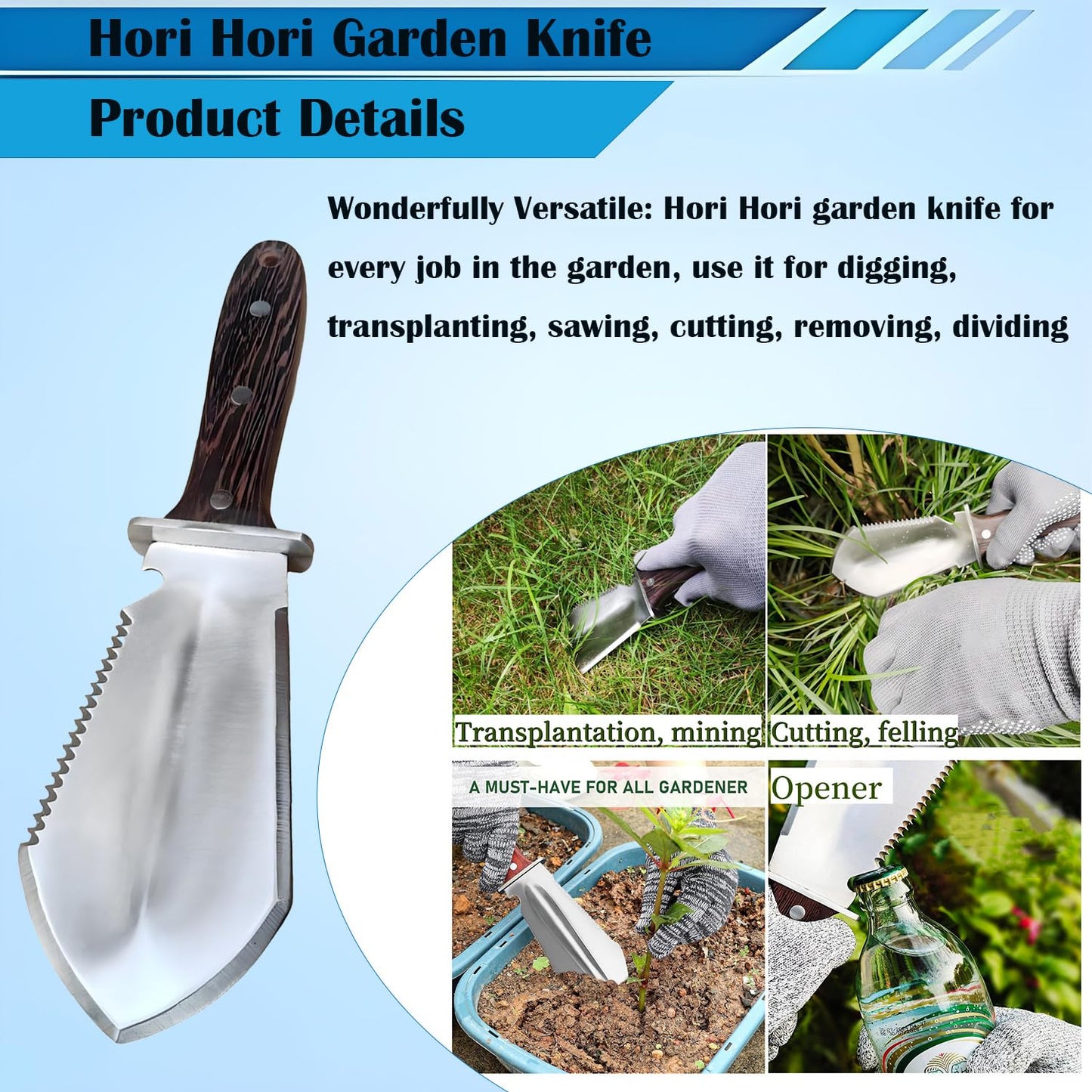 Hori Hori Garden Knife, Garden Tools with Sheath for Weeding,Planting,Digging, Stainless Steel Blade with Cutting Edge, Full-Tang Wood Handle with Hanging Hole