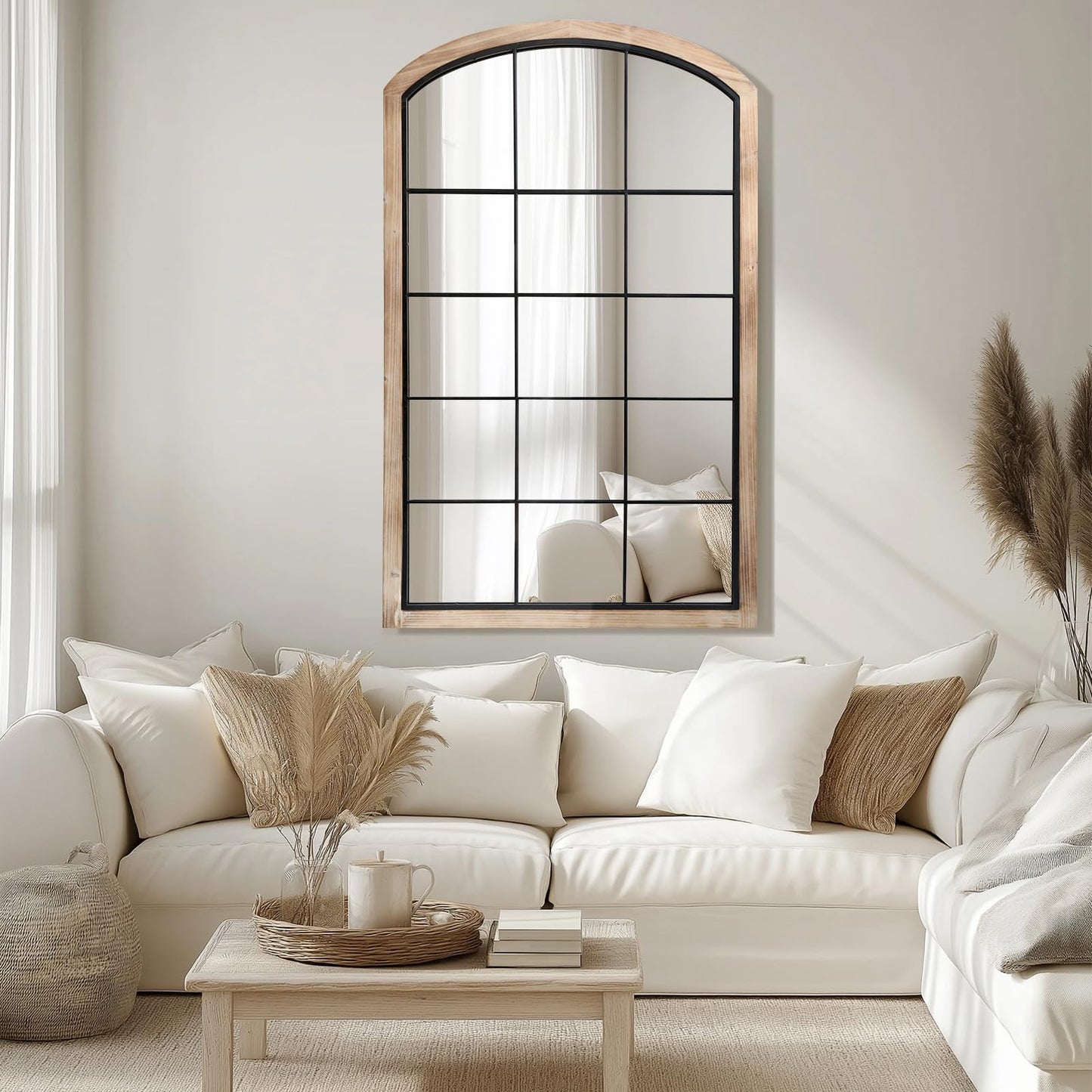 IPOUF Arch Window Mirror, 30X48 Farmhouse Arch Wall Mirror, Wood Framed Rustic Mirror Metal Inner Frame Decorative for Entryway & Living Room,Natural