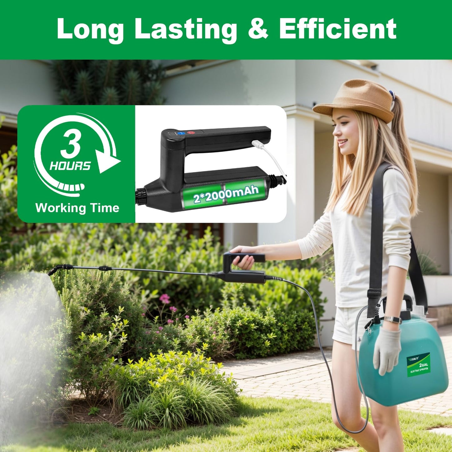 Battery Powered Sprayer 2 Gallon, 2026 Upgrade Electric Sprayer with 3 Adjustable Speed, Battery Indicator, 4 Mist Nozzles, Rechargeable Retractable Wand with Adjustable Shoulder Strap for Lawn Garden