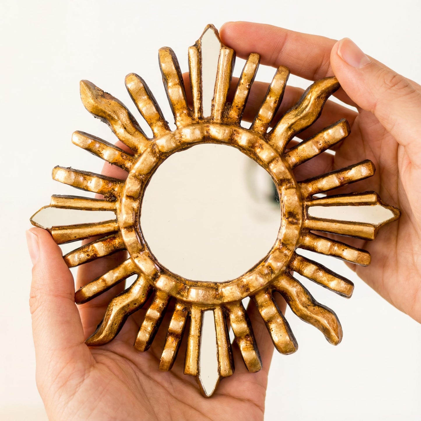 DecorContreras Handmade Small Round Wall Mirror with Bronze Leaf Finish - 6in Sun-Inspired Wood Mirror for Home Decor (Gold)