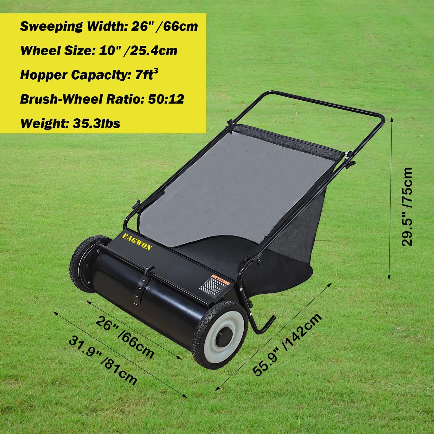 EAGWON Push Lawn Sweeper, 26-Inch Width, 7 Cu. Ft. Hopper Capacity, 4 Spinning Brushes, Adjustable Height, Durable Steel Frame with Rubber Wheels, Ideal for Leaves and Grass