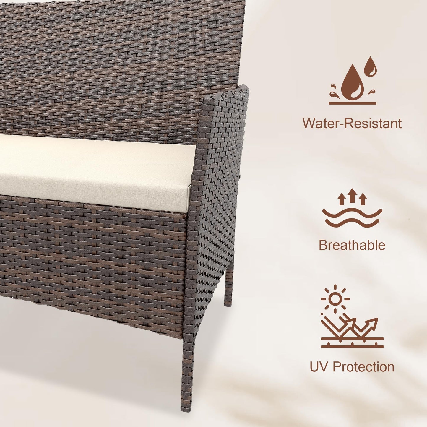 GarveeLife 4-Piece Patio Furniture Set, Rattan Outdoor Furniture with Upholstered Sofa, 2 Chairs & Coffee Table, Modern Conversation Bistro Set for Garden Backyard Porch (Gradient Brown and Beige)
