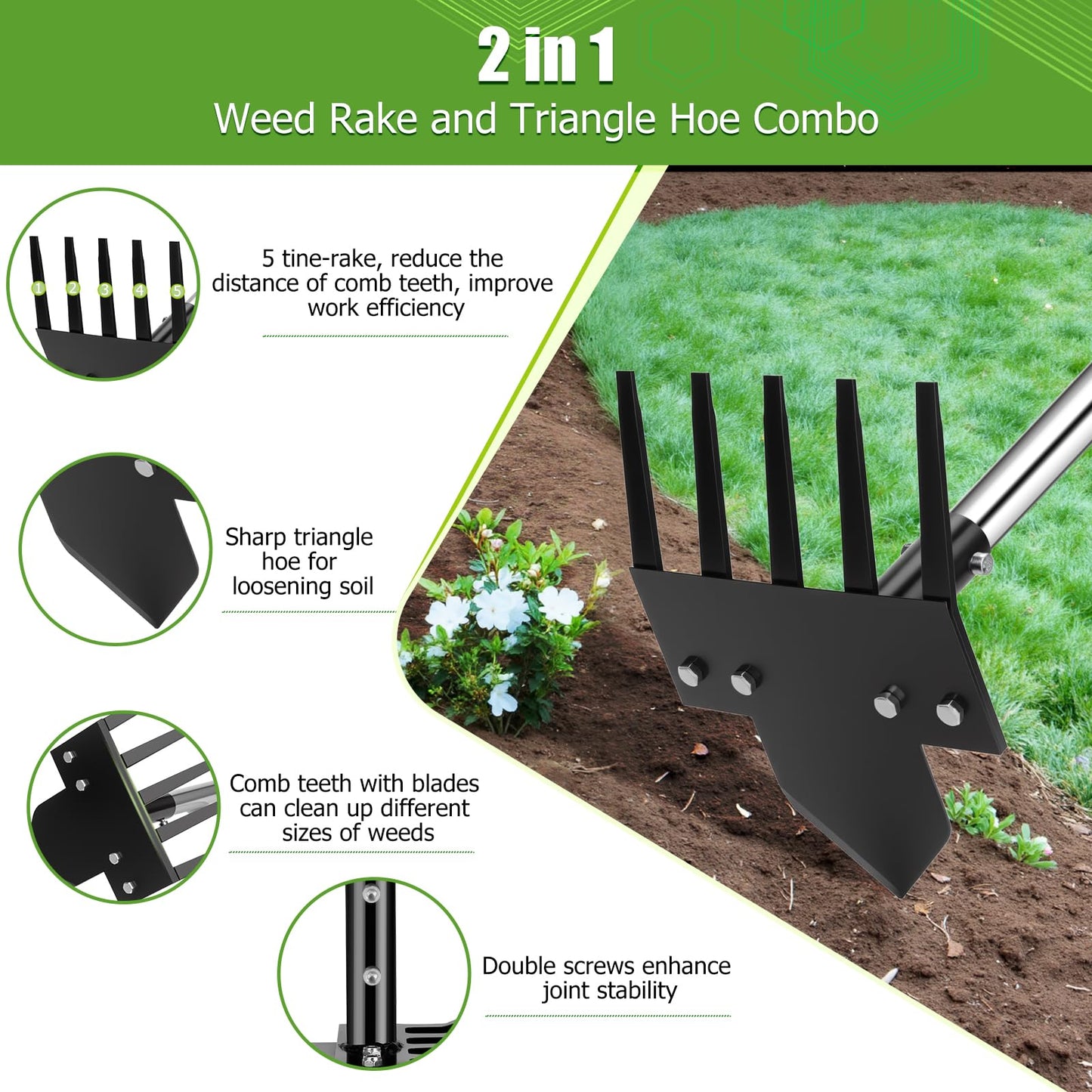 Poiyham 2-in-1 Hoe Garden Tools, 17-58" Weed Puller Tool with Long Handle, Heavy Duty Handle Garden Hoe and Weed Rake, Hoes for Gardening Yards Lawns Gardens Weeding