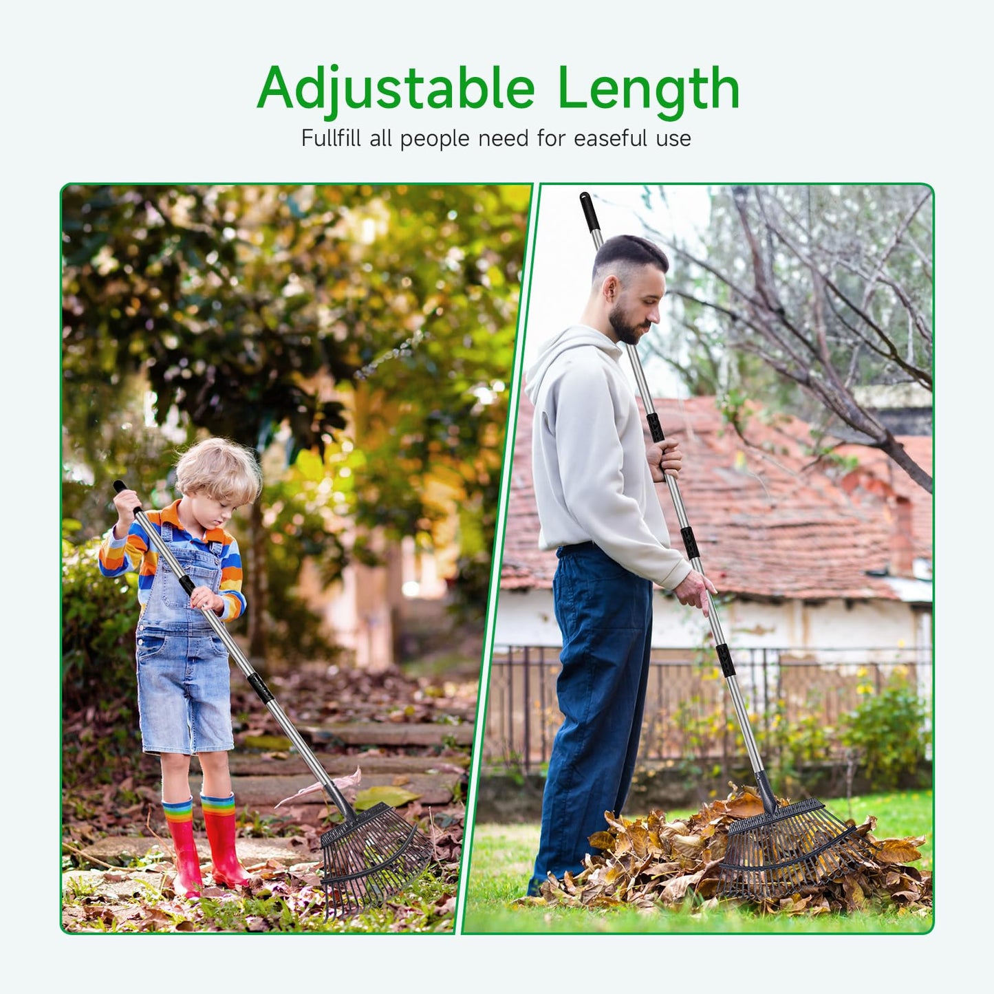 Rake for Leaves Heavy Duty 72 Inch Long Expandable Leaf Rake, 18 Inch Wide Garden Rakes with 25 Reinforced Tines and Stainless Steel Handle for Lawn, Yard, Leaf Cleanup