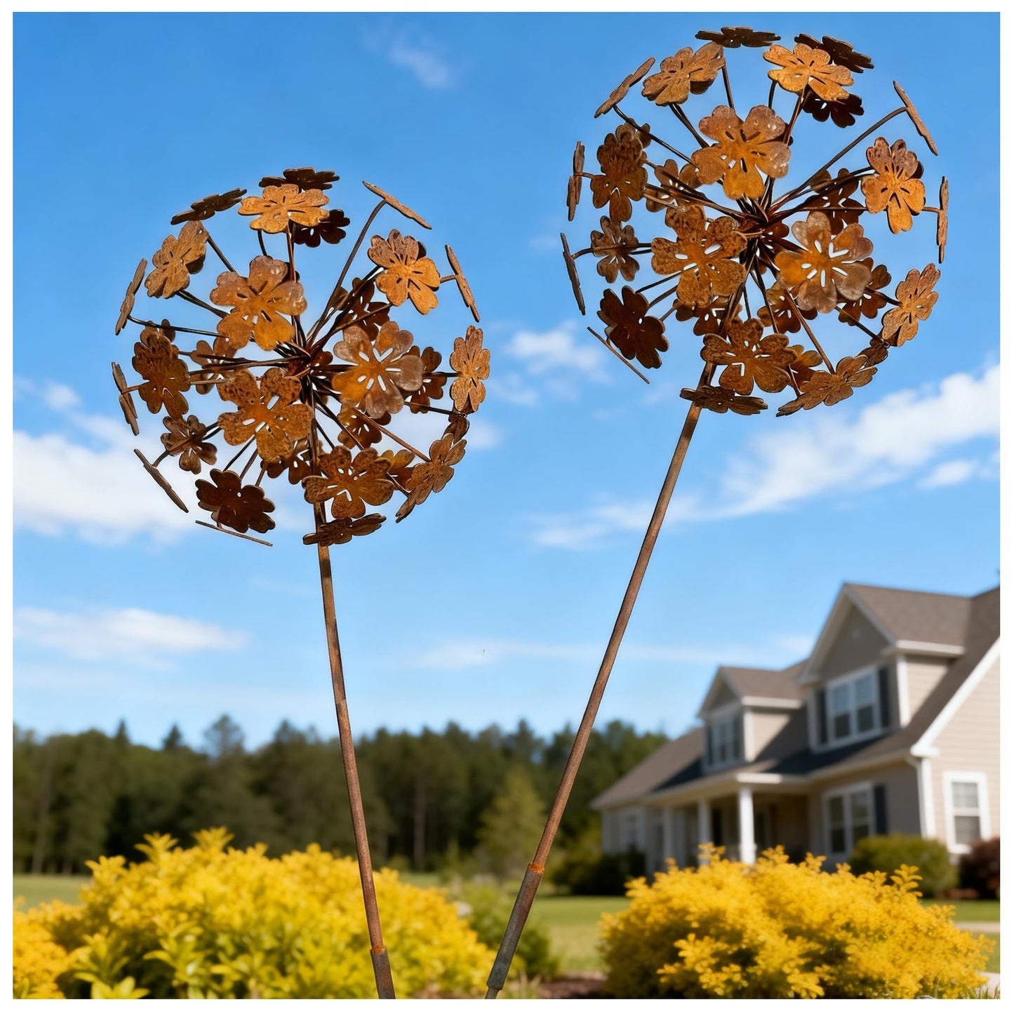 Lidengle 2 Pack Metal Flower Stakes for Outside, 3D Rusty Metal Plants Garden Statues Yard Art, Outdooor Decorative Garden Stake for Flower Bed Lawn Balcony Flower Pot (Style 2)