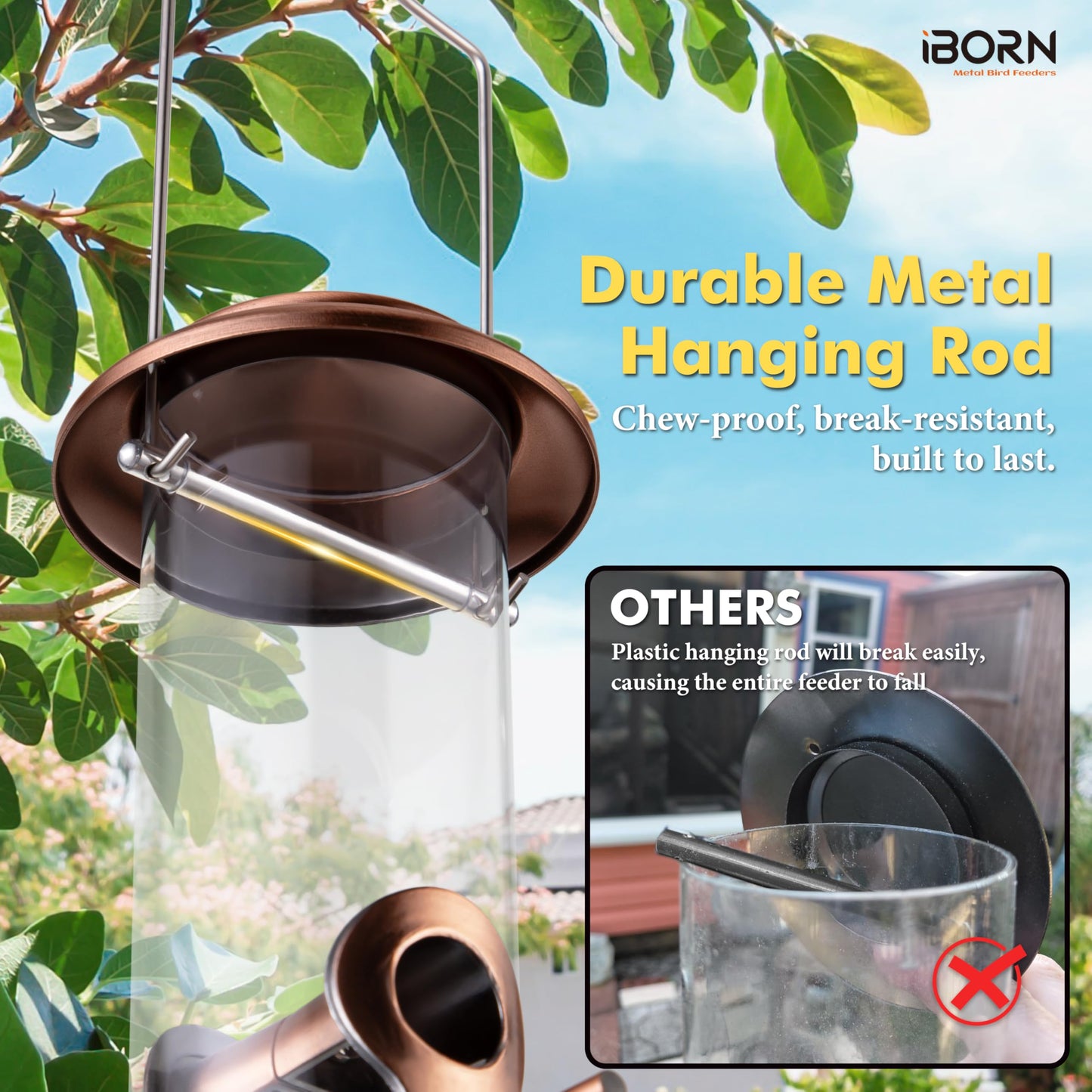 iBorn Metal Bird Feeders Brushed Copper Wild Bird Feeder for Outdoors Hanging All Metal Brushed Copper Finishing 15 Inch 6 Port(Seed is not Included)