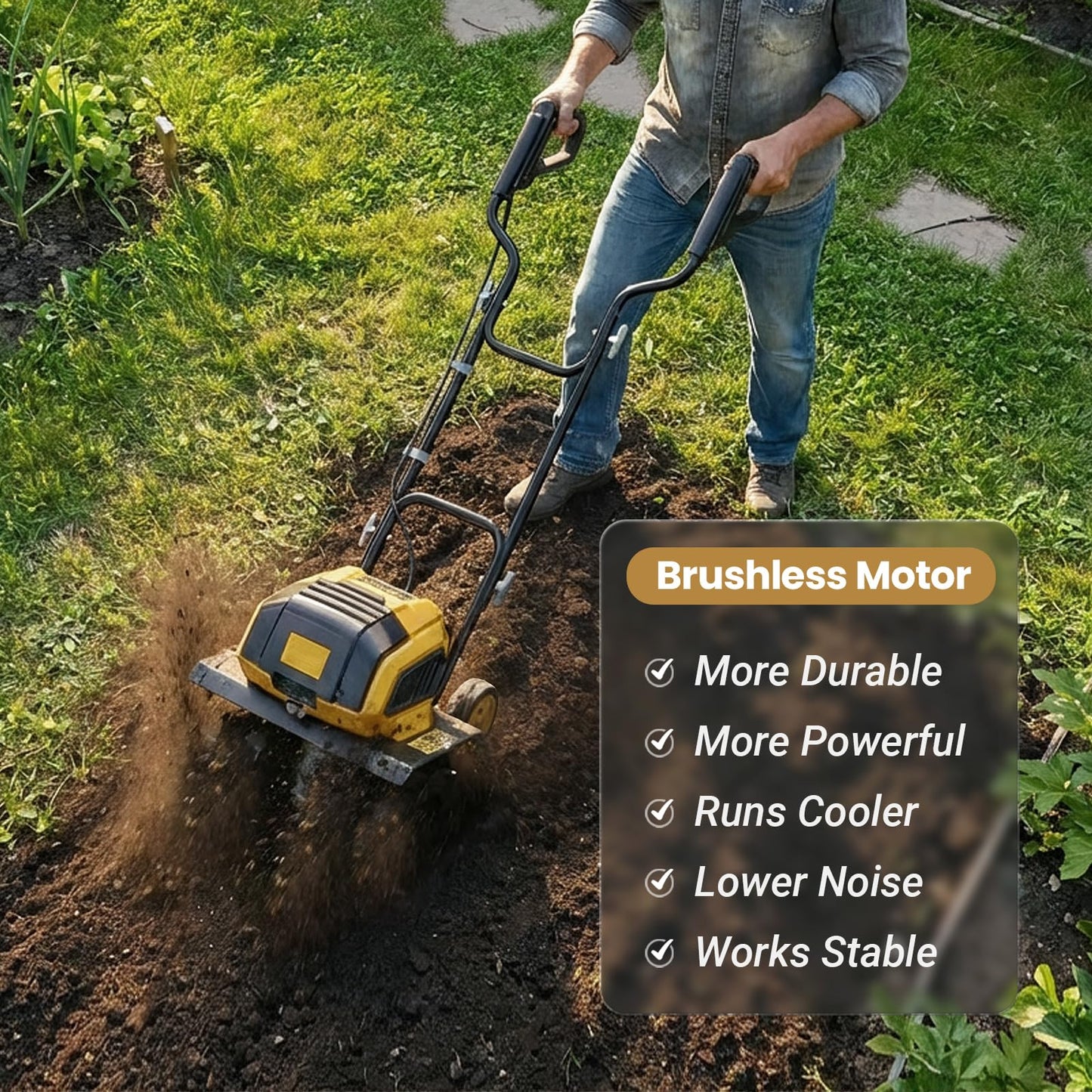 40v Cordless Brushless Tiller Cultivator Compatible with Dewalt 20v Battery(Tool Bare), 14.2in Electric Garden Rototiller, 8.7in Depth, Foldable, Adjustable Wheels for Lawn, Soil Prep, Grass Reseeding