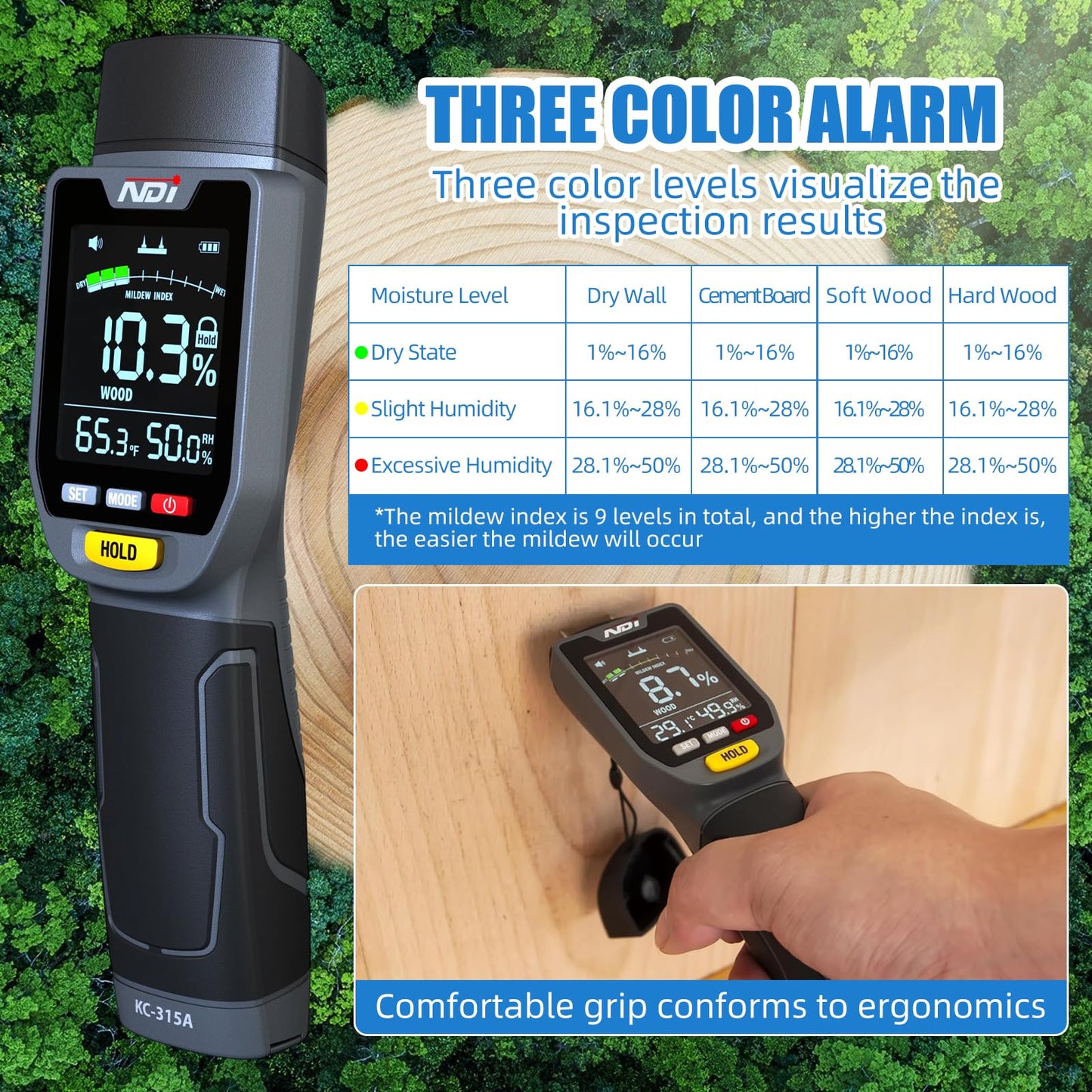 NDI 4 in 1 Pin Moisture Tester, Digital Water Tester, Wood Moisture Meter, Backlit LCD Display Automatic Alarm, Low-battery Indicator, Calibration & HOLD Button for Wood Firewood Lumber Floors
