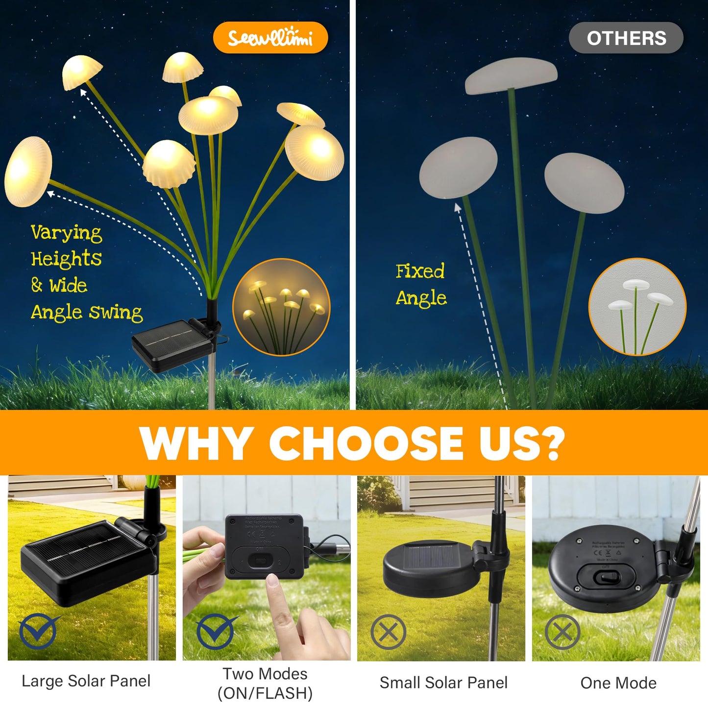 SEEWELUMI Solar Garden Lights Outdoor, 2Pack Solar Lights Garden Decor, Swaying Mushroom Lights Waterproof for Yard, Patio,Pathway Decoration,Gifts for Women,Mom(Warm White)