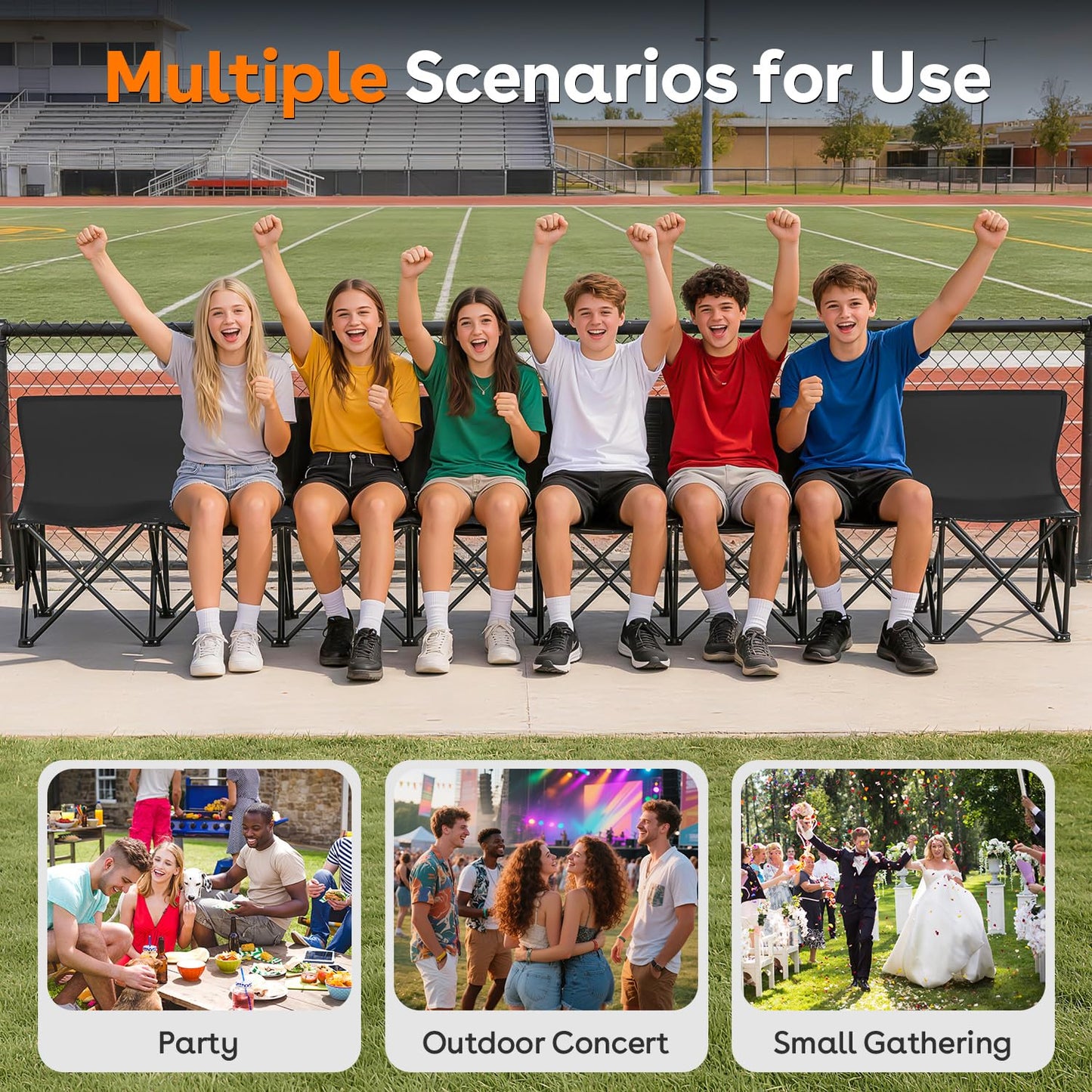 Suteck 8-Seat Folding Bench Seat–Portable Team Bench Soccer with 17.3"x 17.3" Individual Seats, 600D Oxford Fabric & Side Pockets, Heavy Duty Outdoor Bench for Sports, Camping, Patio & Park Events