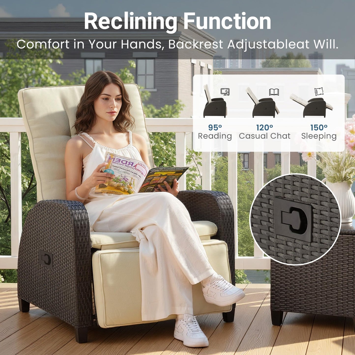 Green4ever Outdoor Patio Recliner with Adjustable Backrest and Footrest, All-Weather Wicker Patio Chair, 160° Lay Flat Patio Reclining Lounge Chair for Garden Backyard, Beige