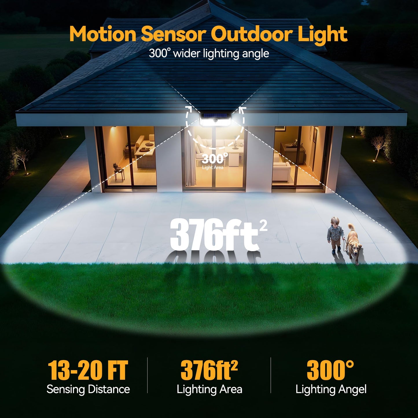 TECKNET 416 LED Solar Lights Outdoor Waterproof, 300° Angle & 3 Lighting Modes Motion Sensor Outdoor Lights, 2 Pack Solar Powered Flood Wall Lights IP66 for Home Patio Fence Yard Deck Garage Street