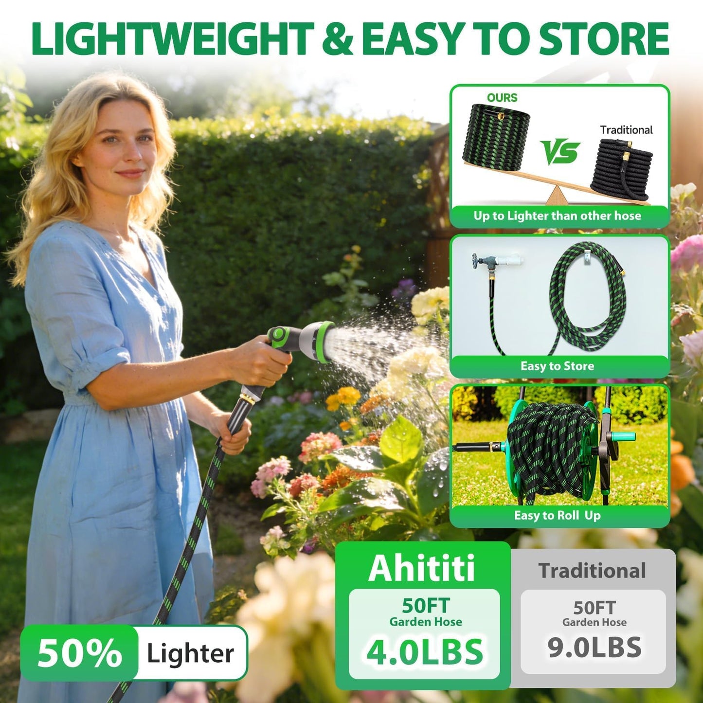 Ahititi Garden Hose 50 ft Water Hose Flexible Non-Expandable Outdoor Heavy Duty Lightweight Leakproof Kink-free flex Watering Hose Pipe with Nozzl for 3/4 inch Fitting Yard Lawn Outside Car Wash