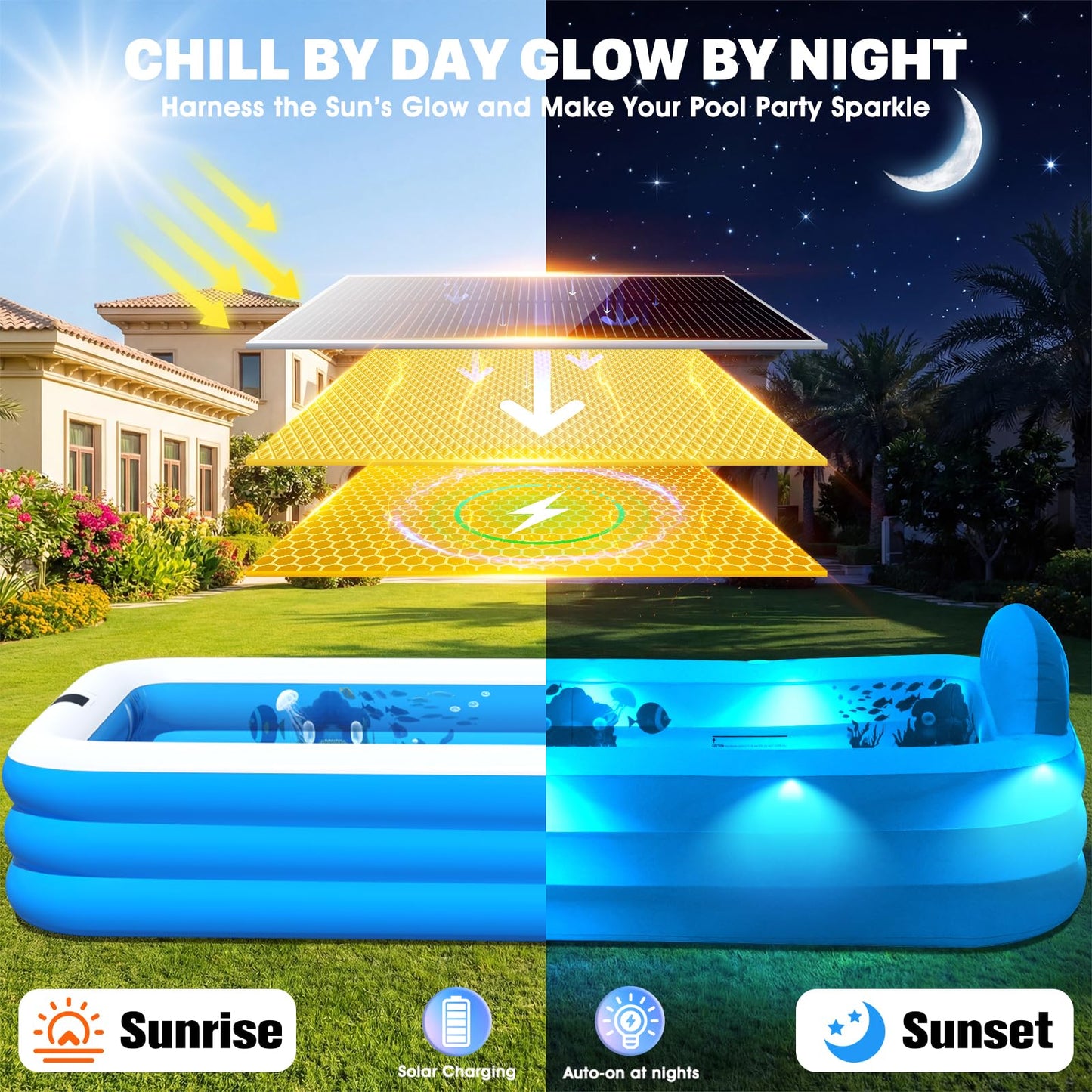 AixPool Extra Large Inflatable Pool With Lights,Upgraded Solar Powered Blow Up Pool For Adults,Inflatable Kids Swimming Pool with Seat& Backrest,Big Inflatable Kids Pool For Backyard,120x73x20IN-White