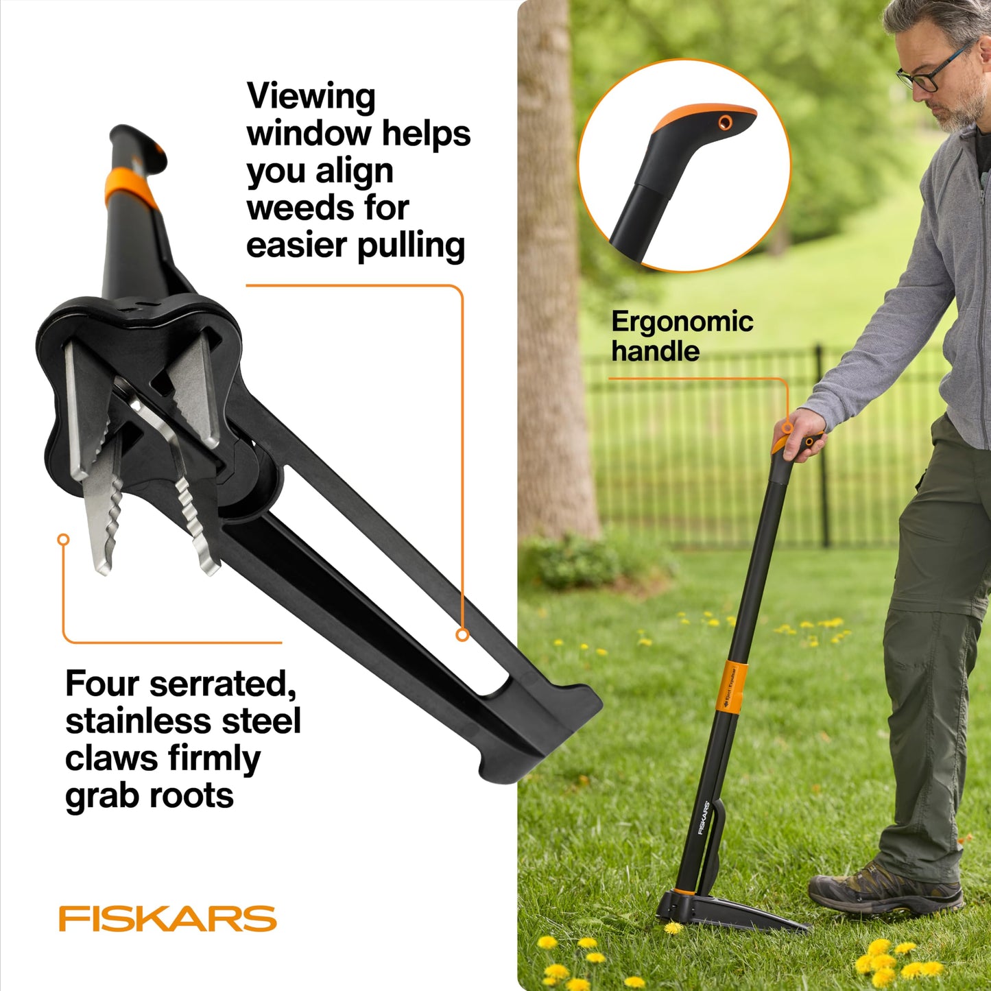 Fiskars Stand-Up Weed Puller Tool, 4 Serrated Stainless Steel Claws Grip Roots for Permanent Removal, Reinforced Foot Platform Penetrates Tough Soil, Easy-Eject & Ergonomic Offset Handle, 39"