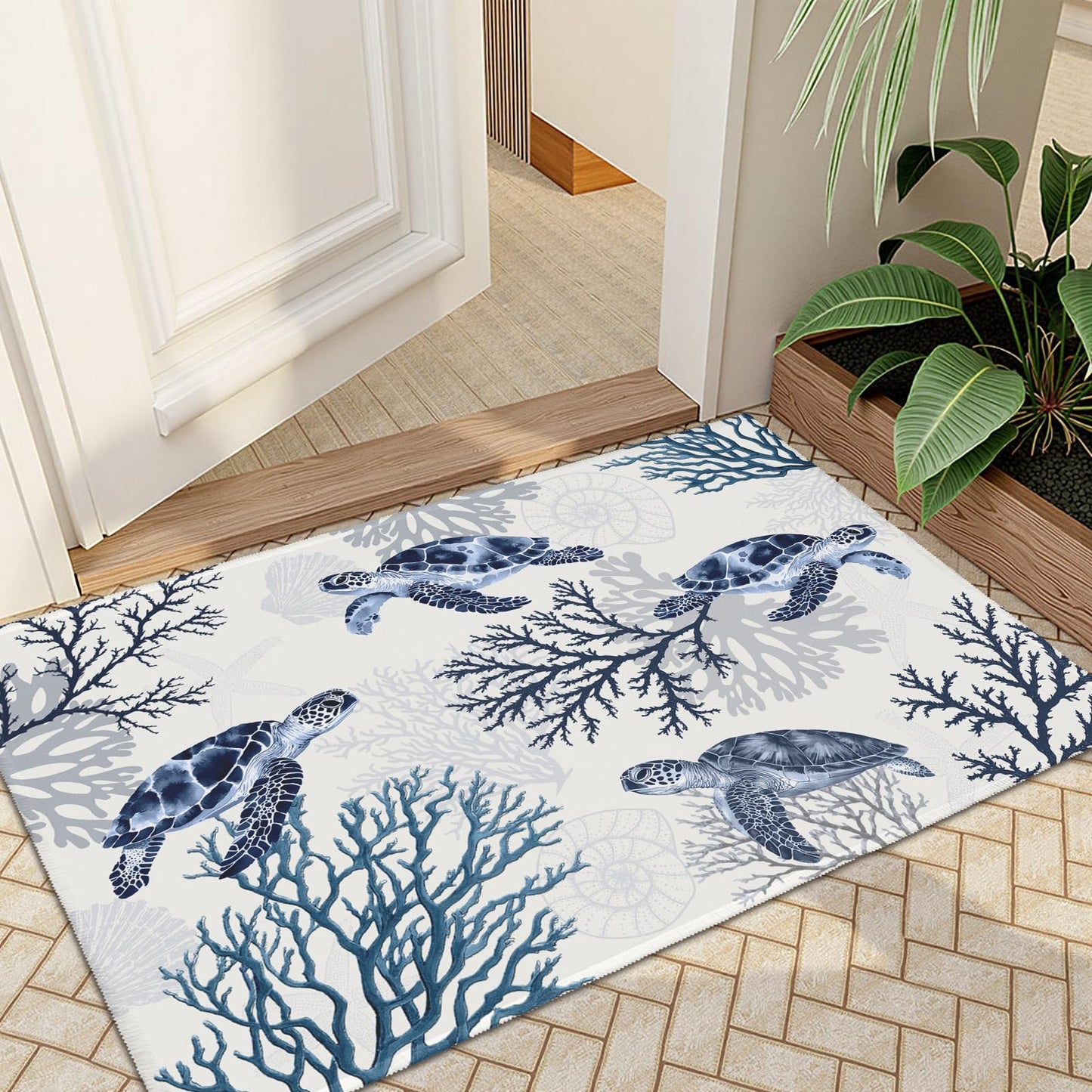 Wnoesat Summer Coastal Outdoor Door Mat 2x3 Nautical Coral Sea Turtle Entryway Area Rug Navy Blue Beach Theme Small Low Pile Front Doormat Washable Throw Rugs for Living Room Bedroom Kitchen