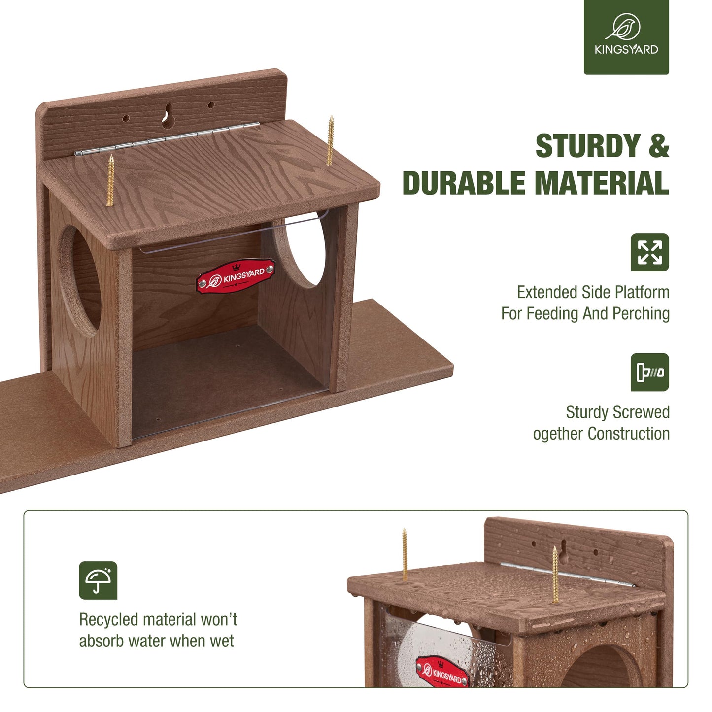 Kingsyard Squirrel Feeder Box for Outside, Recycled Plastic Squirrel Feeder Box with Corn Cob Holders, Easy to Refill & Clean, Weather-Proof (Brown)