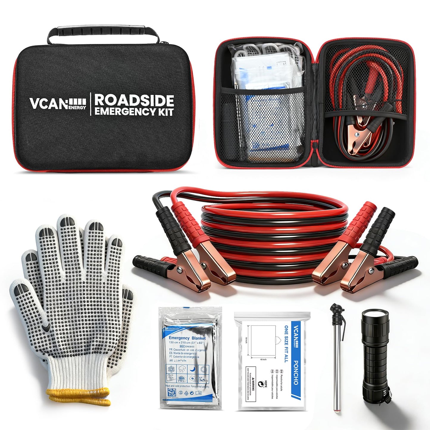 VCANENERGY Car Emergency Safety Kit Bag with Jumper Cables, Tire Pressure Gauge, Auto Vehicle Safety Road Side Assistance Kits Essentials,for Women, Men, Teen (Red)