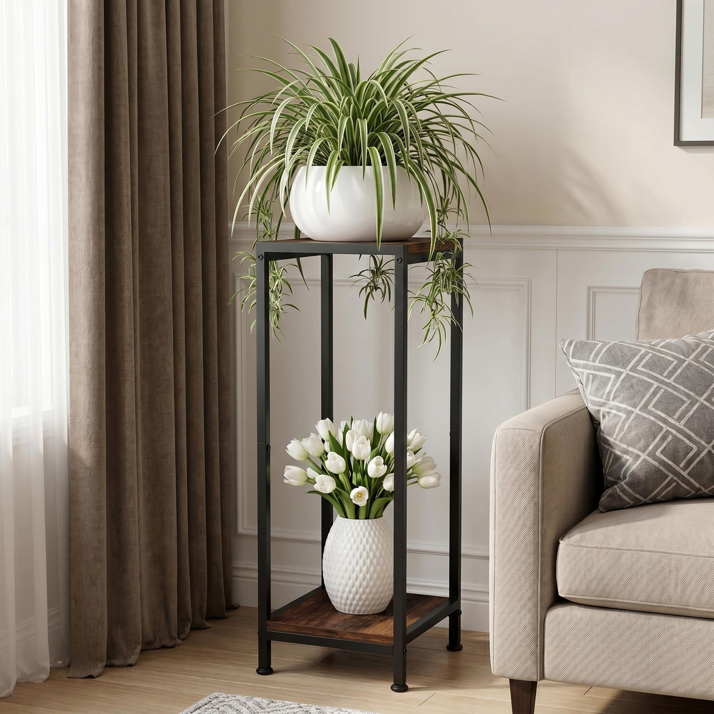 TOSKING 30" Tall 2-Tier Indoor Plant Stand (Holds 160 lbs) – Heavy Duty Black Metal Frame with Rustic Brown Wood Shelves for Balcony, Patio, Garden, Living Room, Indoor & Outdoor
