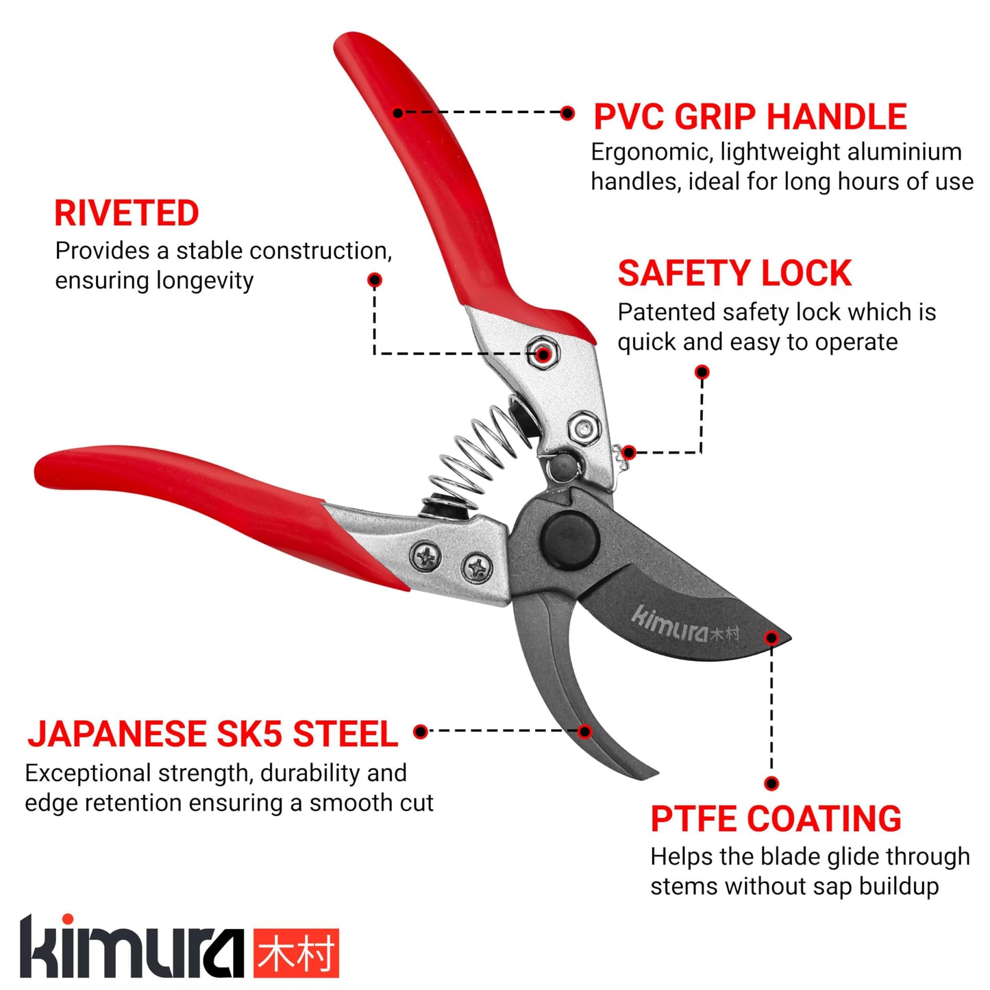 Kimura® 8" Pro Bypass Pruning Shears, Heavy Duty Japanese SK5 Steel Blades, 1 inch Cut Capacity, Non-Slip PVC Coated Handles, Lightweight & Ergonomic, Japanese Pruners, Professional Garden Clippers