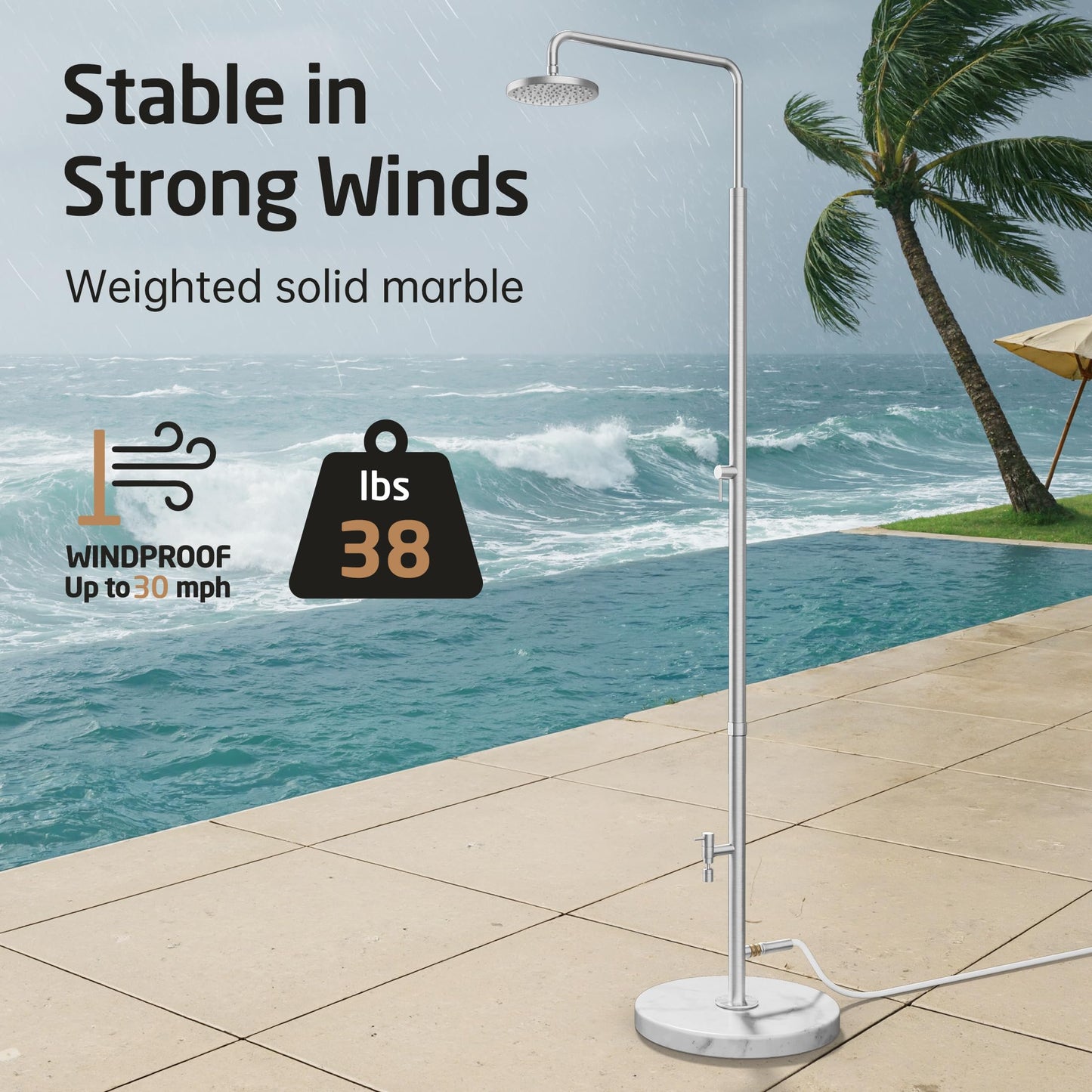 KES Natural Marble Outdoor Shower with Weighted Base, Freestanding Poolside Rain Shower Head & Foot Rinse, 3/4" Brass Hose Adapter, Anti-tip Strap & Ground Stake, 18/8 Stainless Steel, ODS200F18-BS