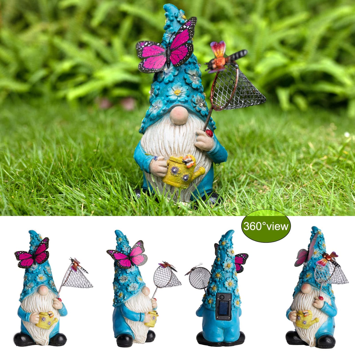 Foreby Garden Gnome Statues Outdoor Decor Solar Gnomes with Butterfly on LED Lighted Flowers, Resin Blue Gnomes Sculpture for Patio Yard Lawn Onament Decoration