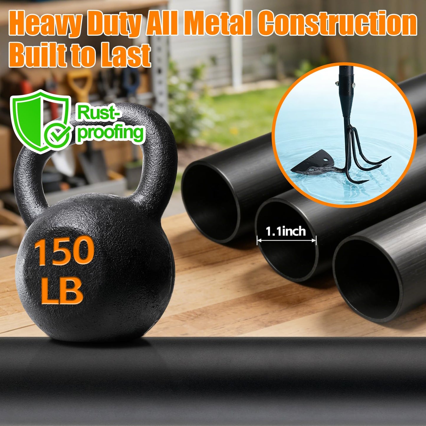 EUIJOIP 52" Heavy Duty 2-in-1 Hoe & Tiller Rake Garden Tool, 3-Tine Cultivator for Weeding and Soil Loosening, Long Handle Stand Up Digging Tool for Gardening and Planting