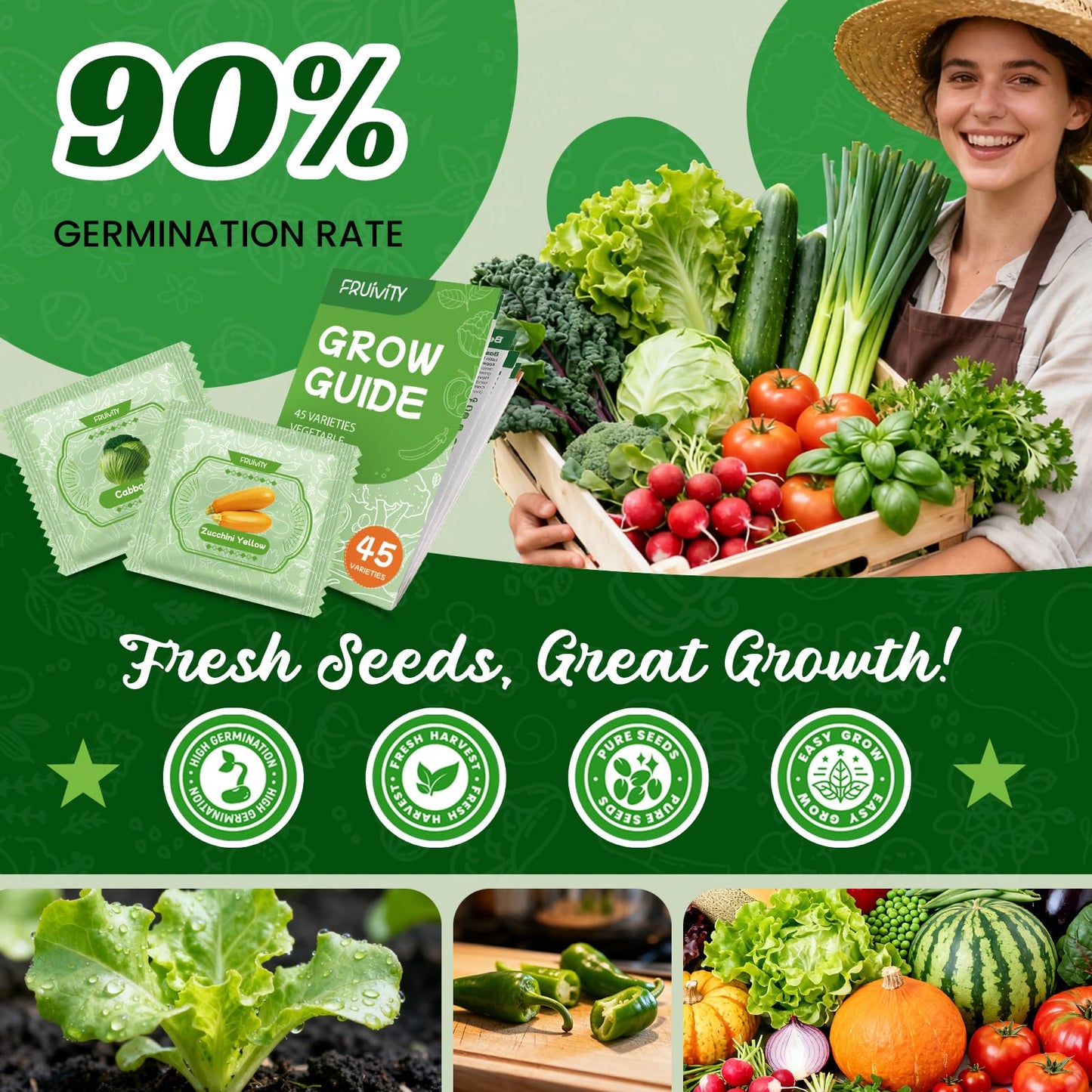 Fruivity 45 Vegetable Seeds Variety Pack - 17,000+ Garden Seeds for Planting Indoor & Outdoor - Seed Vault Kit with Tomato, Cabbage, Spinach - for Hydroponic, Women, Friend Gift
