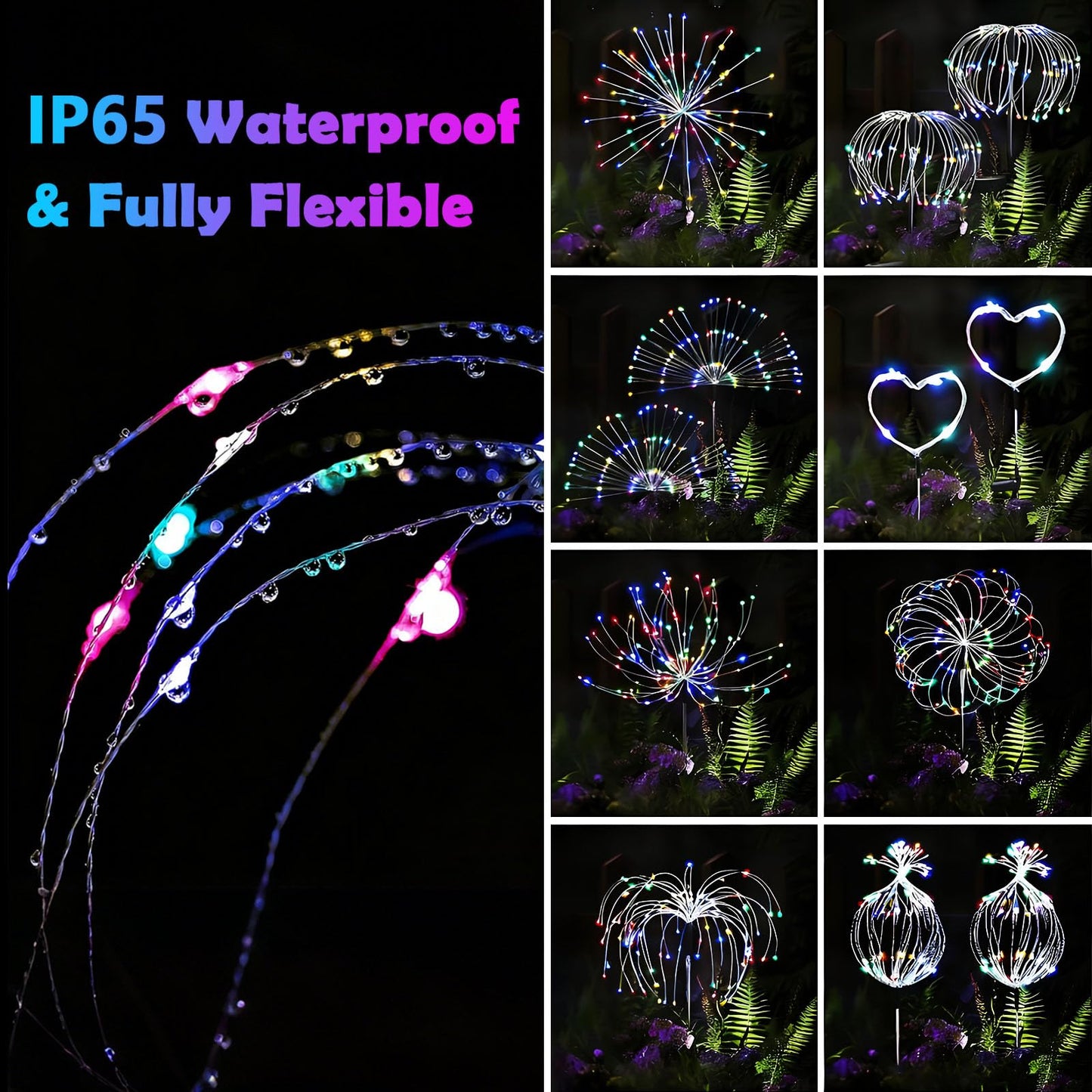 colcutee 2 Pack Solar Firework Lights Outdoor, Adjustable 32" to 51" Extra Tall, 200 LED Stainless Steel 3-Section Pole, 8 Modes Waterproof Starburst Garden Lights for Yard Pathway Walkway Decor