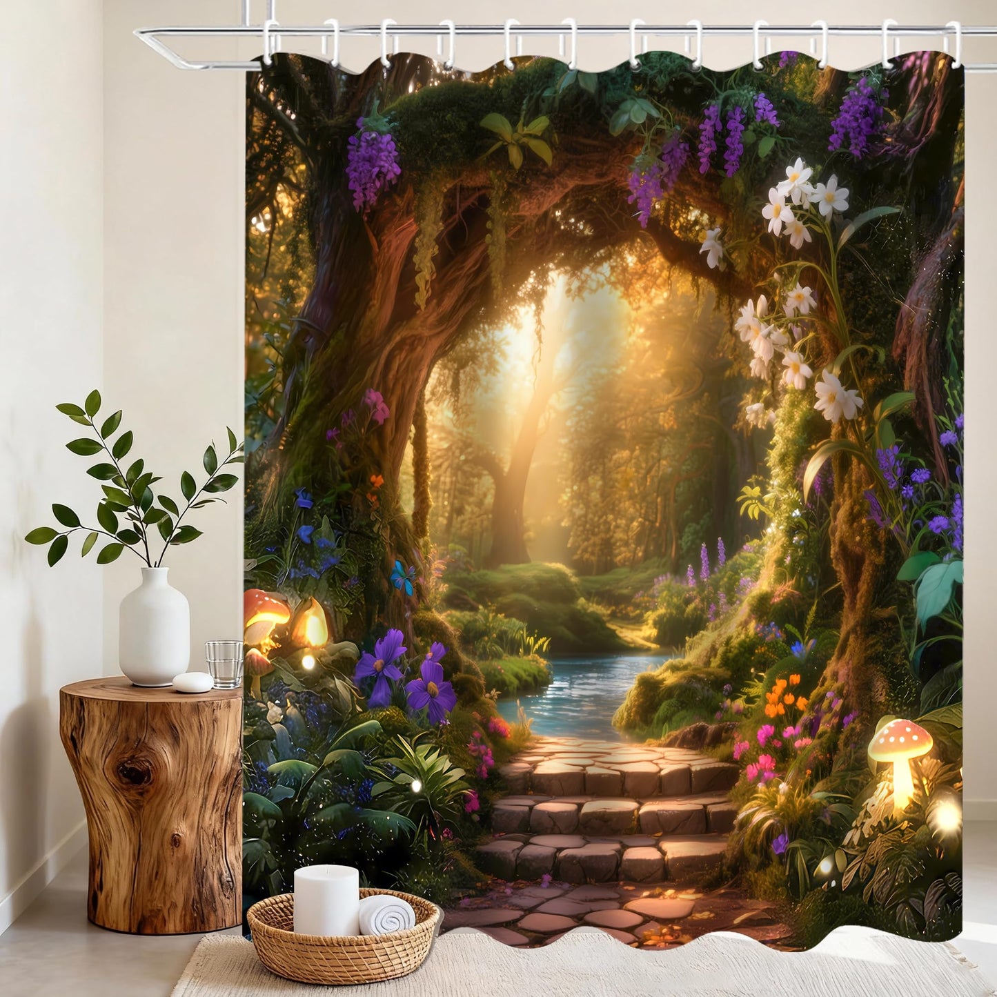 Nkzply 4 Pcs Enchanted Forest Shower Curtain Set Nature Garden Bathroom Sets with Shower Curtain and Rugs Mystical Woodland Shower Curtain Tree Hollow Bathroom Decor Accessories Toilet Lid Cover